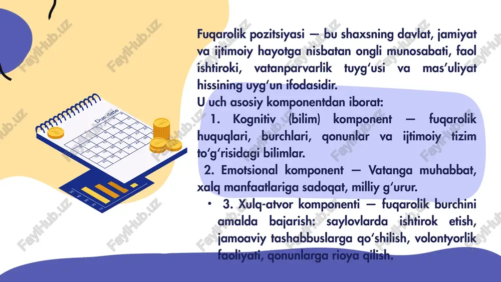 hirilayotgan “yoshlar daftari”, “yoshlar parlamenti”, “tashabbusli yoshlar” dasturlari fuqarolik faolligini oshirishda samarali mexanizmga aylangan. • har bir yoshga o‘z fikrini bildirish, ijtimoiy loyihalarda ishtirok etish imkoniyatini berish zarur. ijtimoiy institutlar roli • oila — fuqarolik ongning birlamchi maktabi bo‘lib, ota-onaning shaxsiy namunasi yoshda mas’uliyat hissini shakllantiradi. • maktab va oliygohlar — bilim bilan birga, vatanparvarlik, halollik va qonuniylik ruhini singdiruvchi asosiy maskanlardir. • nnt va jamoat tashkilotlari yoshlarni volontyorlik, ekologik va ijtimoiy loyihalarga keng jalb etishi lozim. faol fuqarolik pozitsiyasining jamiyat rivojiga ta’siri yoshlarning fuqarolik faolligi quyidagi ijtimoiy natijalarga olib keladi: • demokratik qadriyatlarning mustahkamlanishi; • korrupsiyaga qarshi madaniyatning shakllanishi; • ijtimoiy birdamlik va milliy birlik kuchayishi; • innovatsion fikrlash, yangilik yaratish, volontyorlik, ekologik mas’uliyat rivojlanadi. jamiyatda faol fuqarolik pozitsiyasiga ega yoshlar — bu nafaqat o‘z manfaatini, balki millat va insoniyat manfaatini o‘ylaydigan avloddir. faol fuqarolik pozitsiyasi — bu shunchaki siyosiy ishtirok emas, balki ongli yashash falsafasidir. yoshlarning jamiyatdagi o‘rni, …