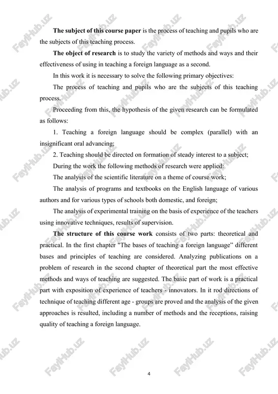 the basis of experience of the teachers using innovative techniques, results of supervision. the structure of this course work consists of two parts: theoretical and practical. in the first chapter "the bases of teaching a foreign language” different bases and principles of teaching are considered. analyzing publications on a problem of research in the second chapter of theoretical part the most effective methods and ways of teaching are suggested. the basic part of work is a practical part with exposition of experience of teachers - innovators. in it rod directions of technique of teaching different age - groups are proved and the analysis of the given approaches is resulted, including a number of methods and the receptions, raising quality of teaching a foreign language. chapter i. theoretical aspect of technologies of teaching a foreign language as a second 1.1 the bases of teaching a foreign language in the given theoretical …