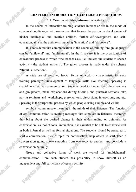 to start a conversation, pick a topic for conversation, help others to start, keep a conversation going, move smoothly from one topic to another, and conclude a conversation naturally. group and collective forms of work are typical for "multichannel" communication. here each student has possibility to show himself as an independent and full participant of certain activity. the model of "multilateral" communication at the lesson has difficult structure of interrelations and interconnections between participants of educational process. it represents training as “free revealing of personality possibilities”. role-plays, projects, video situations can greatly widen our horizons of creativity within the suggested methods. the system of role-plays is a valuable approach because it is very motivating and integrates all the language skills. it encourages the students to work independently and together and involves genuine communication. it takes language learning out of the classroom into the real world. more over role-plays take an …