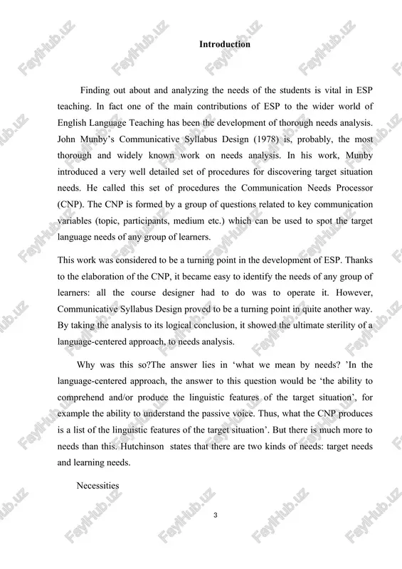 onsidering the question: ‘what knowledge and abilities will the learners require in order to be able to able to perform to the required degree of competence in the target situation?’ considering the starting point as (lacks) and the destination (necessities), although there might be some disputes over what the destination should be (wants). what has not been clarified yet is the route. how are we going to get from our starting point to the destination? this will lead us to speak about another type of need: learning needs.to understand what is meant by learning needs, let us look a little more closely at what happens in the analysis of target situation needs.in looking at the target situation, the esp course designer is asking the question: ‘what does the expert communicator need to know in order to function effectively in this situation?’ this information may be recorded in terms of language …