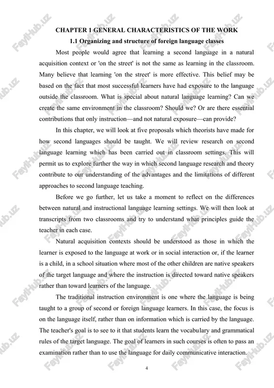 ssrooms and try to understand what principles guide the teacher in each case. natural acquisition contexts should be understood as those in which the learner is exposed to the language at work or in social interaction or, if the learner is a child, in a school situation where most of the other children are native speakers of the target language and where the instruction is directed toward native speakers rather than toward learners of the language. the traditional instruction environment is one where the language is being taught to a group of second or foreign language learners. in this case, the focus is on the language itself, rather than on information which is carried by the language. the teacher's goal is to see to it that students learn the vocabu​lary and grammatical rules of the target language. the goal of learners in such courses is often to pass an examination …
