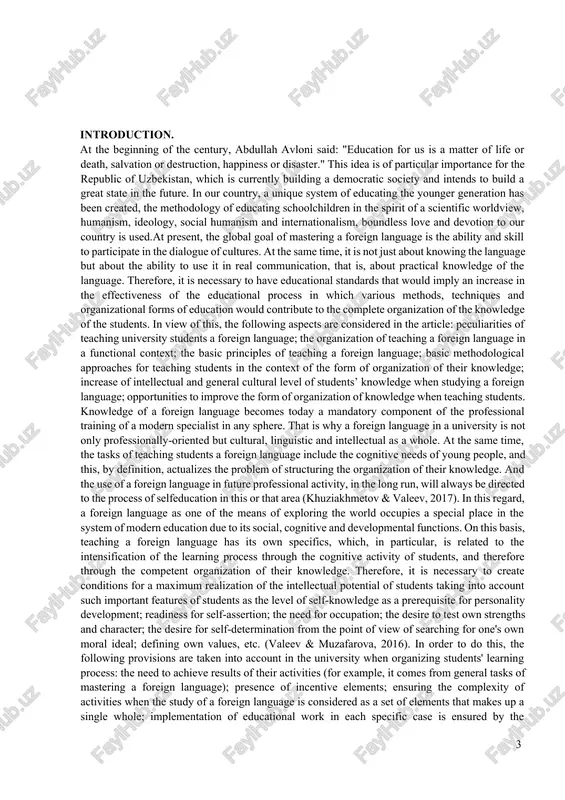 ern education due to its social, cognitive and developmental functions. on this basis, teaching a foreign language has its own specifics, which, in particular, is related to the intensification of the learning process through the cognitive activity of students, and therefore through the competent organization of their knowledge. therefore, it is necessary to create conditions for a maximum realization of the intellectual potential of students taking into account such important features of students as the level of self-knowledge as a prerequisite for personality development; readiness for self-assertion; the need for occupation; the desire to test own strengths and character; the desire for self-determination from the point of view of searching for one's own moral ideal; defining own values, etc. (valeev & muzafarova, 2016). in order to do this, the following provisions are taken into account in the university when organizing students' learning process: the need to achieve results of their …