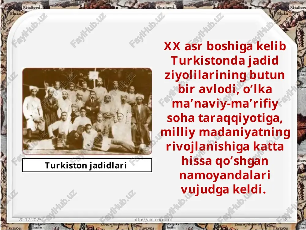 shlarni chet ellarga yuborib, zarur kasblarni egallab, xalqqa foydali xizmat qiladigan yoshlarni va ular uchun qayg‘urgan jadidlarni qo‘llab-quvvatladilar 18.05.2022 http://aida.ucoz.ru 14 andijonlik mirkomil mirmo‘minboyev o‘z hisobidan ana shu ishga katta miqdorda mablag‘ ajratgan. 1910-yilda buxoroda mudarris hoji rafiy, mirza ab-duvohid, hamidxo‘ja mehriy, usmonxo‘ja va muhammaddin maxdum kabilar «tarbiyai atfol» («bolalar tarbiyasi») jamiyatini tashkil qilib, 1911-yilda 15 nafar, 1912-yilda esa 30 nafar talabani turkiyaga o‘qishga yuborganlar. 18.05.2022 http://aida.ucoz.ru 15 «tarbiyai atfol» jamiyati a’zolari mirkomil mirmo‘minboyev (o‘ngda) tijoratchi do‘sti bilan image2.jpeg image3.jpeg image4.jpg image5.jpeg image6.jpeg image7.jpg image8.jpeg image9.jpg image10.jpeg image11.jpeg image12.jpeg image13.jpeg image14.jpg image15.jpeg image16.jpeg image17.jpeg image1.jpeg /docprops/thumbnail.jpeg
