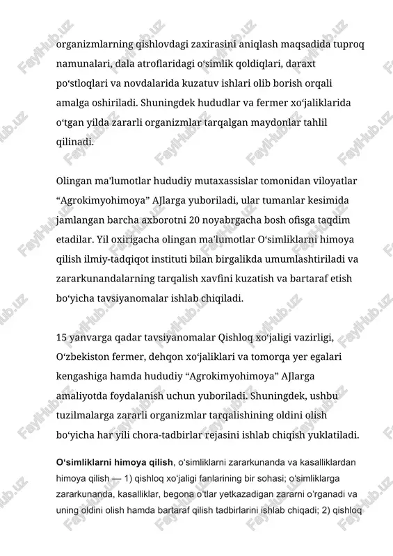 yarmida nemis olimi a. de bari, rus olimi m.s.voronin va boshqalar tomonidan fitopatogen zamburugʻlarning yangi turlari, ularning morfologiyasi, rivojlanish xususiyatlari aniqlanadi. 19-asrning 2-yarmida oʻsimlik zararkunandalari hamda kasalliklarining bir qancha mamlakatlar iqtisodiyotiga yetkazgan zarari ularni oʻrganish va ularga qarshi qurash tadbirlarini ishlab chiqishni taqozo etdi. 19-asr oxiri — 20-asr boshlarida fitopatogen zamburugʻlar, bakteriyalar, viruslar, nematodalarning minglab turlari kashf qilindi. asosiy zararkunandalarning turlari biologiyasi va fiziologiyasi oʻrganildi; zararli organizmlarga qarshi kurash choralari takomillashtirildi. turkistonda oʻsimliklarni himoya qilishq. boʻyicha dastlabki ilmiy asoslangan usullar 1898-yilda chigirtkaga qarshi kurash qoʻmitasining taklifiga koʻra ishlab chiqilgan. 1911-yilda toshkentda turkiston entomologiya st-yasi tashkil etildi, gʻoʻza, qand lavlagi zararkunandalarini oʻrganish va ularga qarshi kurash choralari qoʻllanildi. 1925-yilda turkiston entomologiya st-yasi oʻzbekiston oʻsimliklarni himoya qilish st-yasiga aylantirildi va shu bilan bir vaqtda shirabudin (buxoro viloyati) va xiva qishloq xoʻjaligi tajriba st-yalarida oʻsimliklarni himoya qilishq. boʻlimlari ochildi. 1929-yilda bosh paxta komiteti oʻzbekiston oʻsimliklarni himoya qilishq. st-yasining bir necha boʻlimlarini birlashtirib, gʻoʻza …
