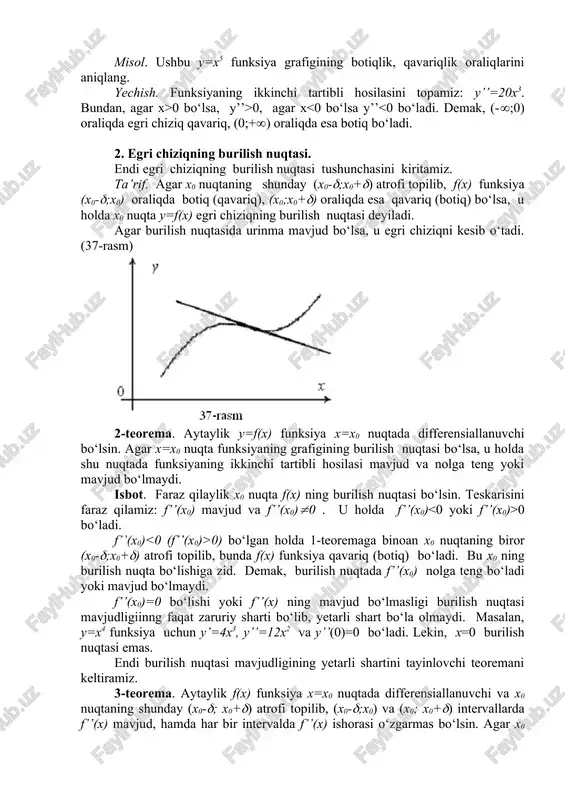 iz. bundan (-(;-2) va (1,5; () oraliqlarda y’’>0, demak bu oraliqlarda grafik botiq bo‘ladi; (-2;1,5) oraliqda y’’ 0 bo‘lganda y’’>0, demak grafik botiq bo‘ladi. ikkinchi tartibli hosila x=0 nuqtadan o‘tganda ishorasini o‘zgartiradi, shu sababli (0;0) nuqta burilish nuqtasi bo‘ladi. 6-§. asimptotalar funksiyani cheksizlikda, ya’ni x(+( va x(-( da, yoki uning ikkinchi tur uzilish nuqtasi atrofida o‘rganish ko‘p hollarda funksiya grafigi nuqtalari bilan biror to‘g‘ri chiziqning nuqtalari orasidagi masofa yetarlicha kichik bo‘lishini ko‘rsatadi. bunday to‘g‘ri chiziq grafikning asimptotasi deyiladi. (-rasm) ta’rif. agar y=f(x) egri chiziqda olingan o‘zgaruvchi nuqta koordinatalar boshidan cheksiz uzoqlashganda shu nuqtadan biror to‘g‘ri chiziqqacha bo‘lgan masofa nolga intilsa, u holda bu to‘g‘ri chiziq egri chiziqning asimptotasi deyiladi. asimptotalar vertikal (ordinatalar o‘qiga parallel) va og‘ma (ordinatalar o‘qiga parallel emas) bo‘lib ikkiga ajraladi. og‘ma asimptotalar ichida abssissalar o‘qiga parallel bo‘lganlari ham mavjud bo‘lib, ular gorizontal asimptota deyiladi. 1. vertikal asimptotalar faraz qilaylik a nuqtadagi bir tomonli limitlarning kamida biri cheksizga …