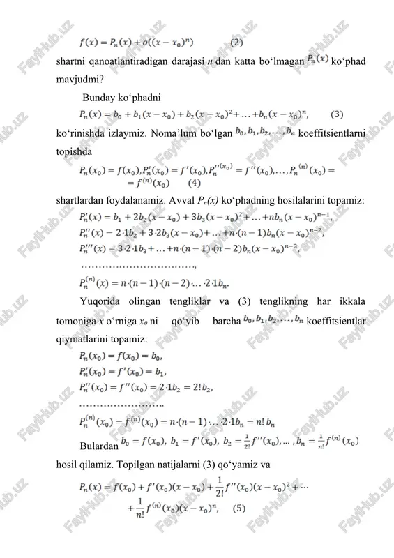 engsizlik o‘rinli bo‘lsin. u holda |rn(x)|=| |m tengsizlik o‘rinli bo‘ladi. argument x ning tayin qiymatida =0 tenglik o‘rinli, demak n ning yetarlicha katta qiymatlarida rn(x) yetarlicha kichik bo‘lar ekan. shunday qilib, x0=0 nuqta atrofida f(x) funksiyani f(0)+ f’(0)x+ f’’(0)x2+ ... +f(n)(0)xn ko‘phad bilan almashtirish mumkin. natijada funksiyaning x nuqtadagi qiymati uchun f(x) f(0)+ f’(0)x+ f’’(0)x2+ ... +f(n)(0)xn taqribiy formula kelib chiqadi. bu formula yordamida bajarilgan taqribiy hisoblashdagi xatolik |rn(x)| ga teng bo‘ladi. 3-misol. e0,1 ni 0,001 aniqlikda hisoblang. yechish. ex funksiyaning makloren formulasidan foydalanamiz. (1) formulada x=0,1 deb olsak, u holda , masala shartiga ko‘ra xatolik 0,001 dan katta bo‘lmasligi kerak, demak rn(x)= aniqlikda o‘rinli bo‘ladi. image5.png image6.png image7.png image8.png image9.png image10.png image11.png image12.png image13.png image14.png image15.png image16.png image17.png image18.png image19.png image20.png image21.png image22.png image23.png image24.png image25.png image26.png image27.png image28.png image29.png image30.png image31.png image32.png image33.png image34.png image35.png image36.png image37.png image38.png image39.png image40.png image41.png image42.png image43.png image44.png image45.png image46.png image47.png image48.png …