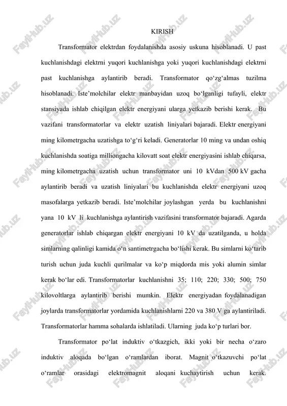 mator ikki o‘ramli bo‘lsa, bir fazali, agarda uch o‘ramli bo‘lsa uch fazali bo‘ladi. birinchi o‘ramiga u1 kuchlanish manbadan ulanadi. buni transformatorning birinchi o‘rami deb, uning o‘ramlarini w1 deyiladi. ikkinchi o‘ramni w2 ikkinchi o‘ram deb aytiladi. unda hosil bo‘lgan kuchlanishni e2 deyiladi. o‘ramlarning uchlarini a va a, oxirlarini x va x deyiladi. o‘zgaruvchan kuchlanish u1 ta’sirida birinchi o‘ramning o‘ramlaridan o‘zgaruvchan tok i oqib o‘tib, o‘zgaruvchan magnit yurgazuvchi kuch i w1 hosil qiladi, bu esa magnit o‘tkazuvchi po‘lat temirdan kesib o‘tuvchi asosiy o‘zgaruvchan magnit oqimi f ni hosil qiladi. katta magnit o‘tkazuvchanlik qobiliyatiga ega bo‘lgan magnit o‘tkazuvchini qo‘llash o‘ramlar orasidagi o‘zaro elektromagnit aloqasidagi magnit oqimini oshirishga imkoniyat yaratadi. magnit oqimi f birinchi o‘ramni ikkinchi o‘ram bilan ulab, ularni birlashtiradi. birinchi o‘ramning sinusoidal kuchlanishi sinusoidal magnit oqimini hosil qiladi: bu yerda: f – magnit oqimi; fm – birinchi o‘ramdagi elektr yurituvchi kuchning amplitudasi (eyk); sinωt – tezlik burchagi. magnit oqimi birinchi o‘ramda o‘zinduksiya …
