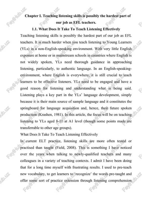 been doing that for a long time myself with frustrating results. i used to pre-teach new vocabulary, to get learners to ‘recognize’ the words pre-taught and offer some sort of practice extension through listening comprehension questions and that was it. it took me a while before i realized that it’s not sufficient to play a cd track to get your learners motivated to answer a list of (rather unchallenging) comprehension questions about a fake conversation, in which one of the interlocutors sounds like a yl. teaching listening effectively takes a lot more than that. a. motivation yls love visuals, animations, games, fun things to watch, listen and do. their main motivation is expressing their world to others and sharing experiences with peers. listening tasks and materials should raise learners’ interest and keep them engaged while they are doing things with the language they hear. listening in class also has to …
