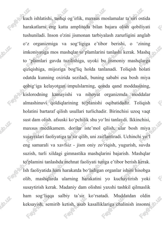 onlama jismoniy tarbiyalash ta‟lim-tarbiya muassasalari, oila, jamoat tashkilotlarining birgalikdagi kuch-g„ayratlari bilan amalga oshiriladi. jismoniy tarbiya sog„liqni yaxshilashga, jismoniy sifatlami rivojlantirishga, yoshlami mehnatga va vatanni himoya qilishga tayyorlashga qaratilgandir. bolalarni o‟rab turgan muhit o‟zgarib bormoqda. oddiy, sodda o‟yinlar o‟rniga kompyuter o‟yinlari kirib keldi. bolani aqliy, estetik rivojlantirish ustuvorlik kasb etmoqda. ularni ahamiyatini inkor etmagan holda aytish kerakki, harakatli o‟yinlar, sayrlar, tengdoshlari bilan muloqot qilishga bolaning vaqti tobora kamayib ketyapti. o‟yin bilan bola faoliyatining boshqa turlari, o‟yinlarning har xil turlari orasidagi muvozanatning buzilishi (harakatli va o‟tirib o‟ynaydigan, alohida va birgalikdagi) maktabgacha yoshdagi bolalar salomatligida ham, harakat qobiliyatlarining rivojlanish darajasida ham o‟z salbiy aksini topadi. maktabgacha yoshdagi bolalar qiziqishi, iqtidori, individual ruhiy va jismoniy xususiyatlari, madaniy ehtiyojlarini inobatga olgan holda hamda bolada ma‟naviy me‟yorlarni shakllanishi, hayotiy va ijtimoiy tajriba egallanishini ko‟zda tutgan har tomonlama rivojlantirishga qaratilgan yaxlit jarayon hisoblanadi. maktabgacha yoshdagi bolalarni jismoniy rivojlantirish muammolarini hal etishning yangi yo‟llarini izlash, birinchidan, ko‟rsatilgan ziddiyatlarni …