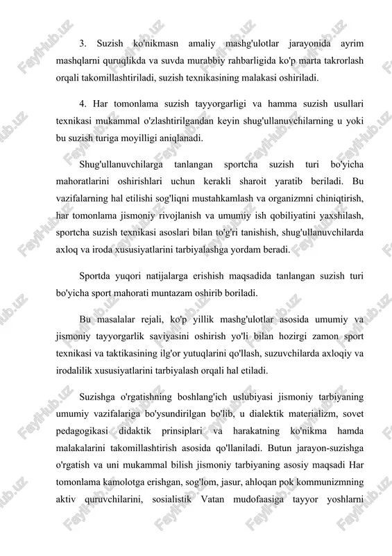 zish tayyorgarligini hisobga olgan holda tanlanmog'i kerak. suzish mashg'uloti jarayonida shug'ullanuvchilar organizmi sekin-asta ko'payib borayotgan fiziologik nagruzkaga va turli xil meteorologik sharoitlarning o'zgarishiga ko'kika borishi kerak. mashg'ulotlar vrachning muntazam nazorati ostida olib borilishi, o'qituvchi ish rejai vrachning ish rejaiga muvofiq tuzilmog'i kerak. murabbiylar shug'ullanuvchilarning funksional imkoniyatlari va sog'liqlari haqida tasavvurga ega bo'lishlari uchun vrach nazorati ko'rsatmalari bilan muntazam qiziqib turishlari zarur. har tomonlama jismoniy kamolot ma'lum sport turi bo'yicha ixtisoslashishga, yuqori sport mahoratiga erishishga zamin yaratadi. uqituvchi va murabbiylar shug'ullanuvchilarning suzishdan tashqari, umuman sport haqida mustahkam bilimga ega bo'lishlari uchun boshqa sport turlaridan ham keng foydalanishlari kerak. jumladan suzish mashg'uloti jarayonida umumjismoniy tayyorgarlik bilan birga shug'ullanuvchilarda sport, mehnat va mudofaa malakasi xrsil qilinishiga e'tiborni qaratish darkor. bu shug'ullanuvchilarga kelajakdagi o'z sport mutaxassisligini tanlay olishiga imkon beradi. ayniqsa, bu imkoniyat sinovlarini topshirishga tayyorgarlik jarayonida yaratiladi. o'qituvchilar shug'ullanuvchilarning u yoki bu sport turiga moyilligini aniqlaydilar, sportcha suzish usullari texnikasini o'rgatishga kirishadilar. bu …