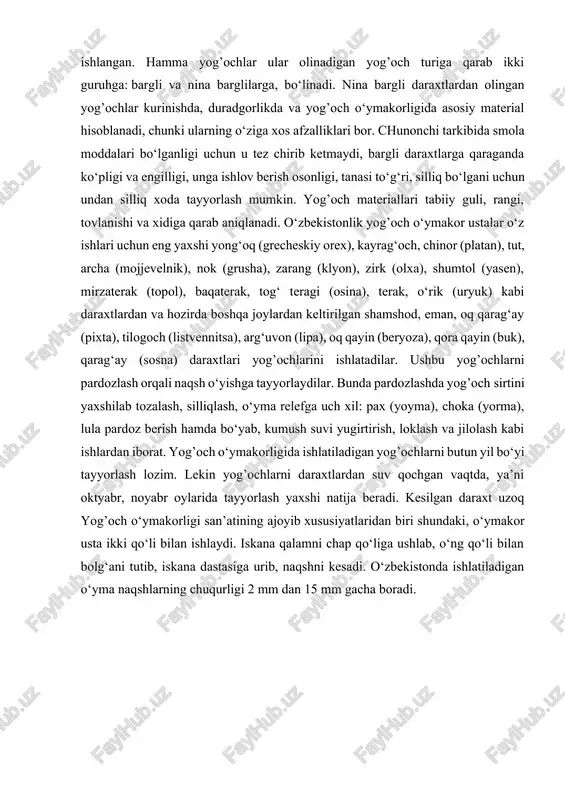 iskana dastasiga urib, naqshni kesadi. o‘zbekistonda ishlatiladigan o‘yma naqshlarning chuqurligi 2 mm dan 15 mm gacha boradi. yog’och o‘ymakorligi ustalarining ishlari. toshkent, buxoro, qo‘qon, samarqand o‘ymakor ustalari buyumlarning o‘yilgan zaminini chekma uslubida maxsus chekich iskana qalam bilan chakichlab chiqadidar. xiva ustalari naqsh zaminini chakichlamasdan tekisligicha qoldiradilar. ular o‘yib tayyorlangan buyumlarning yuziga qizdirilgan chigit yog‘i surtadilar. bunda buyumning namga va issiq-sovuqqa chidamliligi oshadi. ikkinchidan chigit yogi naqsh yuzini qoramtir qilib ko‘rsatadi. toshkent, qo‘qon va samarqand ustalari esa tayyor buyumlarni maxsus lok bilan loklaydilar. yog’och o‘ymakorligi san’atida ishlatiladigan yordamchi materiallar va asbob uskunalarga quyidagilarni kiritish mumkin. duradgorlik elimi, kazein elimi, chigit moyi, jilvir qog‘oz, elimdon kabilardan foydalaniladi. bundan tashqari duradgorlikda yog’ochni qayta ishlash uchun mo‘ljallangan dastaki va mexanik asboblardan ham foydalaniladi. duradgorlik elimi - yog’och materiallarini bir-biriga elimlash uchun ishlatiladi. duradgorlik elimi go‘sht va suyaklardan tayyorlanadi. kazein elimi - yog’och o‘ymakorligi va duradgorlikda ishlatiladigan elim bo‘lib, sutning oxirgi ishlatib bo‘lmaydigan qismidan tayyorlanadi. …