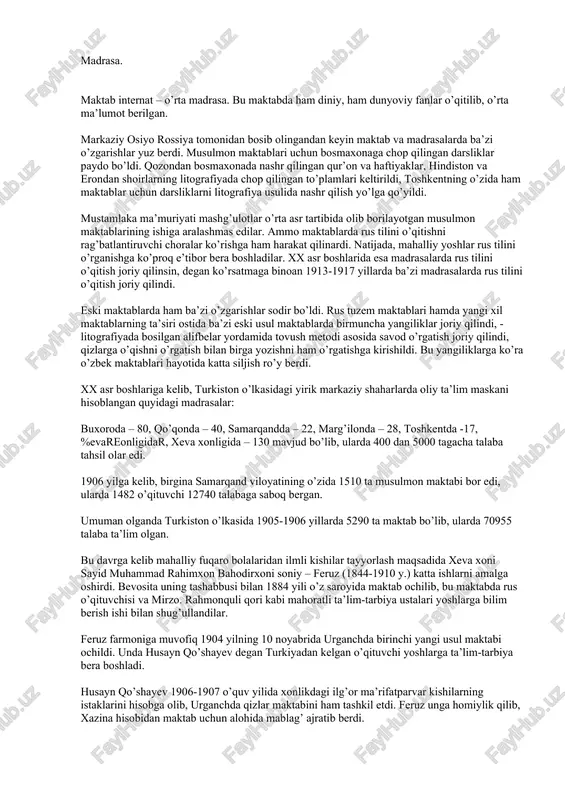 zarur bo’lgan asosiy vazifalarni bildirish bilan cheklanardi. shahar maktablarida diniy ta’limdan tashqari, umumiy ta’lim elementlari – yozish va hisoblash yo’llari o’rgatilardi. shahar maktablarida o’quvchilar soni 20-30 taga qishloq joylarida esa 10-15 taga yetar edi. o’qishga 6 yoshdan qabul qilinib, o’zlashtirishga qarab 17-18 yoshlarigacha davom etardi. maktabda avval «haftiyak», keyin «qur’on» yod olinar, so’ng «chor kitob»ga o’tilardi. «chor kitob» 4 bo’limdan iborat bo’lib, 1-bo’lim – haq-xudoning nomlari tushuntirilardi, din qoidalari, tahorat, namoz bayon etiladi, ikkinchisida bidon-e’tiqodni anglash, uchinchi bo’limda kalomi nabi-rivoyatlar bahs etilgan. shuningdek, xalq orasida mashhur shoirlarning she’r va g’azallari o’qitilar edi. odatda, bunday maktablarning o’quvchilari badavlat oilalarning bolalari bo’lar edi. ular o’qishni tamomlab, olgan bilimlarini savdo-sotiq ishlarida, hunarmandchilik ustaxonalarida qo’llar edilar, ba’zilari qo’shimcha ta’lim olib, xattotlik kasbi bilan shug’ullanar, ba’zilari madrasaga kirib o’qishni davom ettirardilar. oliy diniy maktab bo’lgan madrasada o’rta asrga oid diniy falsafa va musulmon huquqlari, arab tilining grammatikasi va mantiq ilmlaridan dars o’tilardi. uning o’quv rejalari …