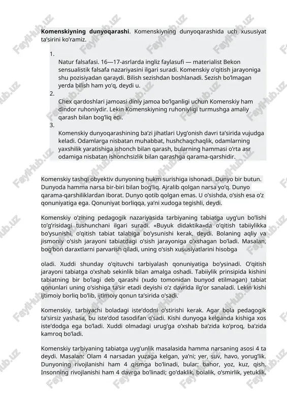 oga qaytib keladi. jamoa tarqatilgandan so’ng u yana o’qituvchilik faoliyatini davom ettiradi. bir necha yil vengriyada maktablarni boshqarada. «vidimo’y mir v kartinkax», ya’ni «hislar vositasi bilan idrok qilinadigan narsalarning suratlari» degan asar yozib, o’qish ishini rasmlar bilan olib borishni ilgari suradi. bunda «yoshlarning xulq qoidasi», «yaxshi tashkil topgan maktablarning qonuni» degan bir qancha pedagogikaga doir ishlari berilgan. 1656 yili shved—polyak urushi vaqtida leshnodagi chex qardoshlari jamoasi tor-mor qilinadi. komenskiy gamburgga qochadi. undan amsterdamga o’tadi. shunda gollandiya senatining buyrug’iga muvofiq uning asarlari to’plami bosilib chiqadi. komenskiy o’z vatanini juda sevar va uning mustaqilligi uchun kurash olib boradi. uning ko’p asarlarida vatanparvarlik hissi aks etgan. u chex xalq poeziyasini yig’ib chex maqollar to’plamini tuzadi va o’z xalqining tilini saqlashga, sevishga undaydi. komenskiyning dunyoqarashi. komenskiyning dunyoqarashida uch xususiyat ta’sirini ko’ramiz. 1. natur falsafasi. 16—17-asrlarda ingliz faylasufi — materialist bekon sensualistik falsafa nazariyasini ilgari suradi. komenskiy o’qitish jarayoniga shu pozisiyadan qaraydi. bilish sezishdan boshlanadi. …