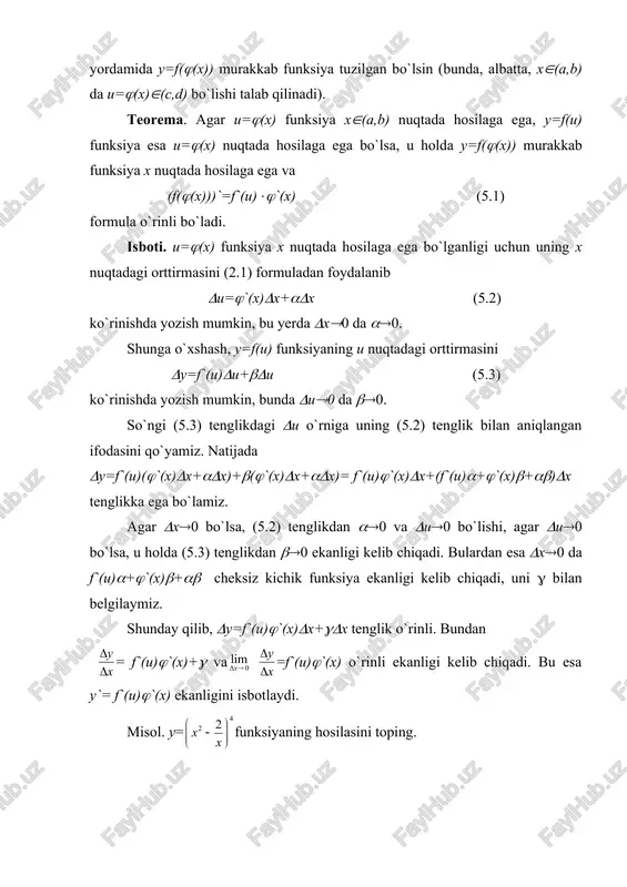 asalan, agar y=f(u), u=((t), t=h(x) bo`lsa, u holda yx`=yu`ut`tx` tenglik o`rinli bo`ladi. 1. asosiy elementar funksiyalarning hosilalari y=x( (x>0) darajali funksiyaning hosilasi. bu funksiyaning x nuqtadagi orttirmasi (y=(x+(x)(-x(=x((( )(-1) ga teng va bo`ladi. ma`lumki, . shuning uchun . bundan funksiyaning x nuqtadagi hosilasi mavjud va y`=(x(-1 bo`ladi. demak, (x()`=(x(-1 va d(x()=(x(-1dx formulalar o`rinli. murakkab funksiyaning hosilasini hisoblash va differensiali formulalarini foydalangan holda, (u(x))( ko`rinishdagi murakkab funksiya uchun quyidagi formulalarni yozish mumkin: ((u(x))()`=((u(x))(-1(u`(x), d((u(x))()= ((u(x))(-1(u`(x)dx. masalan y=(x2+1)3 funksiyaning hosilasini topish talab qilinsin. bu misolda u(x)=(x2+1), (=3. demak, yuqoridagi formulaga ko`ra y`=3(x2+1)2(((x2+1)`=3((x2+1)2(2x=6x(x2+1)2 bo`ladi. ko`rsatkichli funksiyaning hosilasi. y=ax (a>0, a(1) ko`rsatkichli funksiya uchun (y=ax+(x -ax=ax(a(x-1) va . ma`lumki, . shuning uchun = =axlna mavjud. demak (ax)`=axlna va d(ax)`=axlnadx, xususan, (ex)`=ex va d(ex)`=exdx formulalar o`rinli ekan. ko`rinib turibdiki, y=ex funksiya ajoyib xossaga ega: uning hosilasi o`ziga teng ekan. misol. y=ex funksiya grafigi oy o`qini qanday burchak ostida kesib o`tadi? yechish. funksiya grafigi oy o`qini …