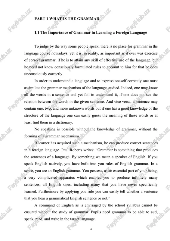 y learned. furthermore by applying you rule you can easily tell whether a sentence that you hear a grammatical english sentence or not.” a command of english as is envisaged by the school syllabus cannot be ensured without the study of grammar. pupils need grammar to be able to aud, speak, read, and write in the target language. 1.2 the psychological characteristics of grammar skills to develop one’s speech means to acquire essential patterns of speech and grammar patterns in particular. children must use these items automatically during speech-practice. the automatic use of grammar items in our speech (oral and written) supposes mastering some particular skills – the skills of using grammar items to express one’s own thoughts, in other words to make up your sentences. we must get so-called reproductive or active grammar skills. a skill is treated as an automatic part of awareness. automatization of the action is …