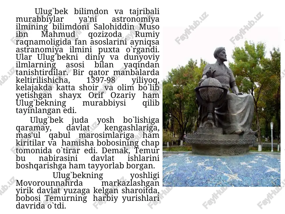 maliy masalalarini o`zida mujassamlashtirgan, uni yangi dalilu-isbotlar bilan boyitgan shoh asardir. "ziji jadidi kuragoniy" asosan ikki qismdan: katta muqaddima va 1018 ta yulduzlarning o`rni va holati aniqlab berilgan jadvallardan iborat. muqaddimaning o`zi to`rtta mustaqil qismga bo`lingan. ular: birinchi qismi yetti bobdan iborat. "tarix, ya'ni xronologiyaning ma'rifati" deb nomlanadi. astronomiyaning muhim poydevorlaridan hisoblangansanayoki yil hisobi, boshqacha so`z bilan aytganda yunonlar, arablar, eronliklar hamda uyqurlar qabul qilgan yil hisoblash usullari, ularning milliy bayramlari, shuningdek bu sanalarni kelib chiqishi masalalari bayon etiladi. ikkinchi qismi "vaqtlar va unga taalluqli narsalar" deb nomlangan. bu qism 22 bobdan iborat. osmon burjlarining oqishi, yulduzlarning chiqishi va botish joylari, nisfan-nahor soatining rasad o`rni bo`lmish samarqand kengligi nisbati; shusha, kayravon, urmiya, naxichevvon, bulg`or, madonin, bag`dod, basra, kozerun, itsahr, qamadon, ray, doigon, badqiz, saraxs, marv, balx, buxoro, o`sh, qashqar, chin, beshbaliq, qoraqurum, samarqand, tabriz, usrushona, xo`jand, axsikat, shosh, tibat, kashmir kabi shaharlarning (hammasi bo`lib 638 ta joy) kordinatalari, yetti iqlim …
