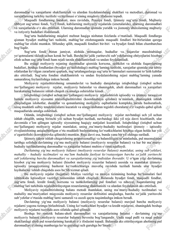 ining obro‘yiga obro‘ qo‘shmas, chunki ularga hech narsa bog‘liq emas edi. bozor iqtisodiyotida moliyaviy xizmatlarning roli tubdan o‘zgaradi. ular korxona rivojlanishini faol va ta’sirchan boshqaradi va bir vaqtning o‘zida, shu rivojlanishning yo‘nalishi va sifatini nazorat qiladi. hozirgi sharoitdagi moliyaviy rejalashtirish barcha zaruriy harakatlarni oldindan ko‘zda tutishgina (ko‘ra bilishgina) emas. bu tegishli ishlarni amalga oshirish jarayonida yuzaga chiqishi mumkin bo‘lganhar qanday kutilmagan holatlarni ko‘ra olish qobiliyati hamdir. albatta, xo‘jalik yurituvchi sub’yekt o‘z faoliyatidagi barcha risklarga barham beraolmaydi. lekin u ana shu risklarni samarali oldindan ko‘ra bilish yordamida boshqarish imkoniyatiga ega. moliyaviy rejalashtirish amaliyotida quyidagi asosiy metodlardan foydalanish mumkin: -iqtisodiy tahlil metodi; -normativ metod; -balansli hisob-kitoblar va pul oqimlari metodi; -ko‘p variantlilik metodi; -iqtisodiy-matematik modellashtirish metodi; -va boshqa metodlar. moliyaviy rejalashtirish jarayonining quyidagi asosiy bosqichlarini ajratib ko‘rsatish mumkin: -xo‘jalik yurituvchi sub’yektlar faoliyatining moliyaviy natijalarini tadqiq etish; -operativ rejalarning o‘zgarishi asosida moliyaviy hisobotlarning bashorat variantlarini ishlab chiqish; -o‘z reja topshiriqlarining bajarilishini ta’minlash uchun …
