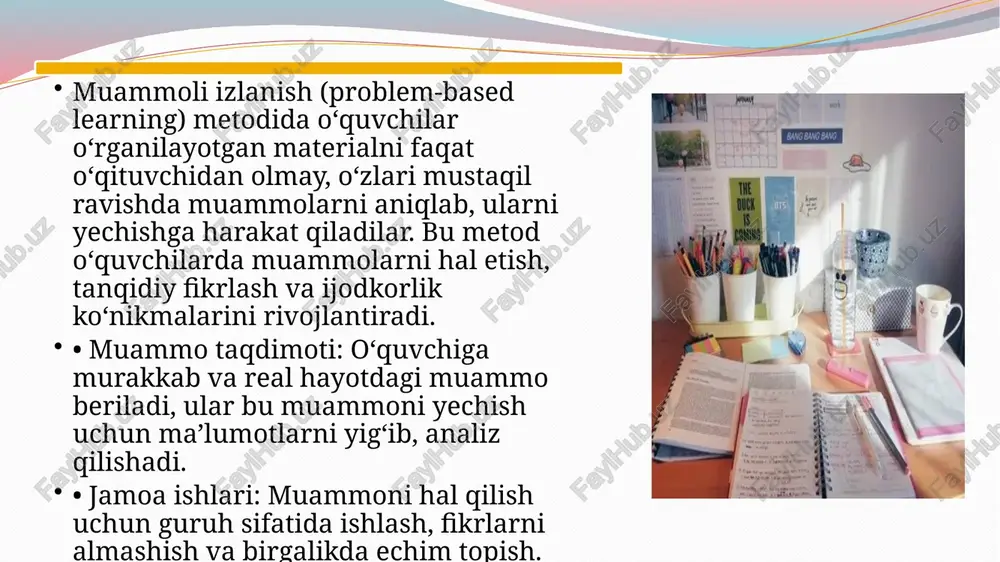 li vaziyatlar yoki o‘yinni o‘rgatish. nazorat va o‘z-o‘zini nazorat qilish metodlari o‘quvchilarning o‘z faoliyatini baholash, o‘rganish jarayonida xatolarni aniqlash va tuzatishga yordam beradi. • boshqaruv nazorati: o‘qituvchi o‘quvchilarning faoliyatini doimiy ravishda nazorat qiladi va kerakli tuzatishlarni kiritadi. • o‘z-o‘zini nazorat qilish: o‘quvchilar o‘zlarining bilim va ko‘nikmalarini o‘zi baholaydi, testlar, mashqlar yoki o‘ziga xos baholash tizimlari yordamida o‘z-o‘zini tekshiradi. institutning texnik bazasi ta’lim jarayonini samarali tashkil etish uchun zarur bo‘lgan barcha texnologiyalarni, jihozlar va resurslarni o‘z ichiga oladi. o‘qitishning texnik vositalari bo‘limining asosiy vazifalari quyidagilardan iborat: • darsliklar va o‘quv materiallari: darslar uchun zarur bo‘lgan texnik vositalarni, kompyuterlar, ko‘rgazmali materiallar, interaktiv jadvallar va multimedia vositalarini taqdim etish. • innovatsion texnologiyalarni joriy etish: yangi texnologiyalarni o‘quv jarayoniga integratsiya qilish (masalan, virtual laboratoriyalar, onlayn ta’lim platformalari). • o‘quvchi va o‘qituvchilarni texnik ko‘nikmalar bilan ta’minlash: o‘quvchilarga va o‘qituvchilarga zamonaviy texnologiyalarni o‘rgatish va ularni ta’lim jarayonida qo‘llashni rag‘batlantirish. 4. institut texnik bazasi va o’qitishning texnik …