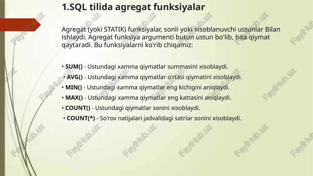 hta? so’rovi tuzilsin a) select avg(100 * (sales/quota)) from salesreps b) select count(cust_num) from customers c) select min(orderdate) from orders 4. qaysi agregat funksiyalarda distinct ishlatilmaydi? a) max va min b)count* va sum c) max, min va count* 5. group by kalit so'zi ishlatilgan so'rovlarda aggregat funksiyalarga qaysi kalit so'zi bilan shart berib bo'lmaydi? a) where b)having c) count e’tiboringiz uchun rahmat image1.jpg image2.jpg image3.png image4.png image5.png image6.png image7.png /docprops/thumbnail.jpeg