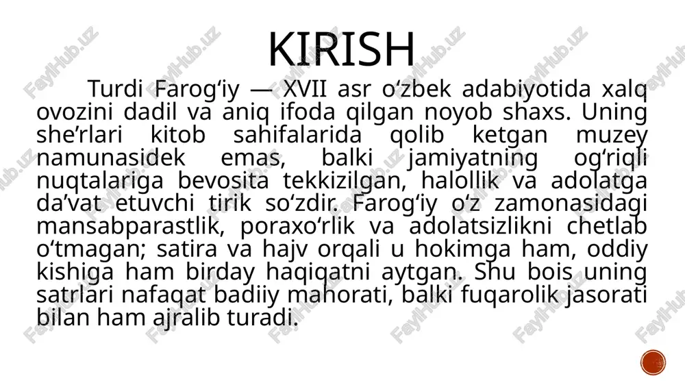 , istehzo, mubolag‘a, parodiya, hatto so‘z o‘yinlari kabi vositalar maqsadga muvofiq va tejamkor qo‘llanadi; ortiqcha bezak yo‘q, zarb bor. shu bois farog‘iy hajvlarida “kuldirib turib o‘ylatish” usuli kuchli: o‘quvchi avval kuladi, so‘ng esa kulgining achchiq sababini ko‘radi. tor ko’ngullik beklar tor ko’ngullik beklar, man-man demang, kenglik qiling to’qson ikki bori o’zbak yurtidir, tenglik qiling. birni qipchoqu xitoyu, birni yuz,nayman demang, qirqu yuz ming son bo’lub, bir xon oyinlik qiling. bir yaqodin bosh chiqorib, barcha bir to’ng’a kirib, bir o’ngurlik, bir tirizlik, bir yaqo, yenglik qiling. kim qo’yubdur, uhdai o’z mulkungizdin chiqmayin, ikki, uch, to’rt da’vosin etmakni, ko’tahlik qiling. mardlar maydon chekib, rangin ko’torib zaxmlar, sizga yo’q ul javhare, yuzga upo-englik qiling. shoirning eng ta’sirchan qatlamlaridan biri — ijtimoiy adolat g‘oyasining izchil himoyasi. u halollikni yuksak fazilat, ilm va ma’rifatni jamiyat taraqqiyotining yagona yo‘li deb biladi. zulmni fosh etish bilan kifoyalanmay, “qanday jamiyat kerak?” degan savolni ham bilvosita qo‘yadi: fuqarolar sha’ni …