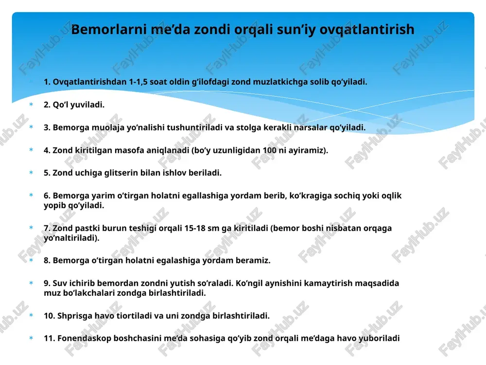 ltiriladi. 3.bemorning 90⁰ burchak ostida o’tirishi qanday nomlanadi? a. sims; b. trendelenburg; c.fauler; d. majburiy holat. 4.yotoq yaralarning to’rtinchi bosqichida terida qanday o’zgarishlar kuzatiladi? a.terining mushak suyak va tayanch sistemasini yemiradi; b.teri qizarib to’qimalar zararlanadi; c.terining tashqi qavati zararlanadi; d.teri shilinadi. 5.sog’lom odam sutkada necha mahal ovqatlanadi? a. 3 mahal; b. 5 mahal; c.4 mahal; d. 5-6 mahal. mavzu bo`yicha test savollari: e'tiboringiz uchun rahmat image2.jpeg image3.jpeg image4.jpeg image5.jpeg