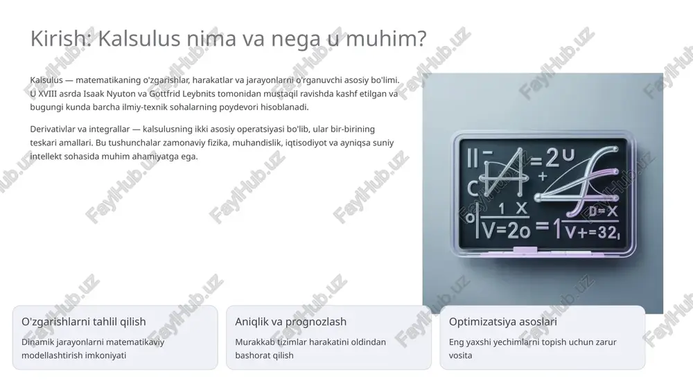 dalanadi. har bir qatlam orqali gradientlar orqaga tarqaladi va vaznlar asta-sekin yaxshilanadi. integrallar va ehtimollik nazariyasi suniy intellekt va statistikada ehtimollik taqsimotlarini tahlil qilish uchun integrallar muhim ahamiyatga ega. ehtimollik zichligi funksiyalari (pdf) integrallar yordamida o'rganiladi. ehtimollik zichligi funksiyasi uzluksiz tasodifiy o'zgaruvchilar uchun ehtimollik f(x) funksiyasi bilan ifodalanadi. ma'lum oraliqda ehtimollik: kutilgan qiymat (expected value) tasodifiy o'zgaruvchining o'rtacha qiymati integral orqali hisoblanadi: bu tushuncha mashinani o'rgatishda asosiy statistik ko'rsatkich. bayes tahlili posterior ehtimolliklarni hisoblashda integrallar zarur: bu usul bayescha mashinani o'rgatishning asosi hisoblanadi. kalsulus asosidagi mashina o'rganish algoritmlari zamonaviy mashina o'rganish algoritmlari kalsulusning nazariy asoslari ustiga qurilgan. gradient tushish va uning variantlari eng keng tarqalgan optimallashtirish usullaridir. 1 oddiy gradient tushish yo'qotish funksiyasining gradientini hisoblash va vaznlarni qarama-qarshi yo'nalishda yangilash. formulasi: w := w - \alpha \nabla l(w) 2 stochastic gradient descent (sgd) har bir iteratsiyada faqat bitta yoki kichik guruh ma'lumotlardan foydalanib gradientni hisoblash. tez va samarali, lekin shovqinli. …