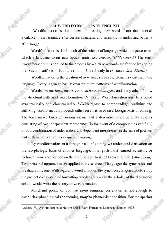 rmation changes. for example. soundinterchange (blood — bleed, strike — stroke) was a productive way of wordformation in old english and it is an important subject-matter for a diachronic study of the english language. soundinterchange has lost its productivity in modern english and no new words can be formed by means of soundinterchange. affixation on the contrary was productive in old english and is still one of the most productive ways of wordformation in modern english. two types of wordformation may be distinguished: word-derivation and word-composition. words formed by word-derivation have only one stem and one or more derivational affixes (for example. kindness from kind). some derived words have no affixes because derivation is achieved through conversion (for example. to paper from paper). words formed by wordcomposition have two or more stems (for example. bookcase, note-book). besides there are words created by derivation and composition. such words are called derivational …
