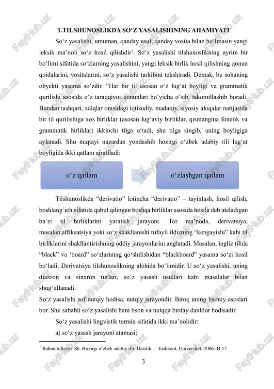 h deyiladi[footnoteref:2]. masalan: asal+ari, rahm+dil, hozir+javob. [2: sapayev q. hozirgi o‘zbek tili. (morfemika, so‘z yasalishi va morfologiya) toshkent, 2009.-b.52. ] so‘z yasalishi esa tilshunoslikning alohida bo‘limi bo‘lib, u ikki xil ma’noda qo‘llanadi: so‘z yasalishi, umuman, qanday usul, qanday vosita bilan bo‘lmasin yangi leksik ma’noli so‘z hosil qilishdir. ingliz tilida so‘z yasalishi ba’zan semantik o‘zgarishlarga qiyoslanadi. so‘z yasashning to‘rtta asosiy turi mavjud: prefikslar - bu boshqa ma’noli yangi so‘z yaratish uchun so‘z boshiga qo‘shadigan qo‘shimchalar. shuningdek, ular so‘zni salbiy yoki vaqt, joy yoki uslub munosabatlarini ifodalashi mumkin. mana bir nechta misollar: impossible, untrue, unacceptable, uncertain. suffikslar – bu so‘z oxirida qo‘shiladigan harf yoki harflar guruhi bo‘lib, yangi so‘z hosil qiladi. masalan: useful, forgetful, undestandable, responsible, accurate, familiar. konvertatsiya so‘zning bir so‘z turkumidan ikkinchisiga o‘zgarishini o‘z ichiga oladi. juda samarali jarayon, ot fe’lga aylanadi – butter, vacation, bottle. fe’llar otlarga aylanadi – guess, spy kabi sozlar. frazali fe’llar otga aylanadi –to print …