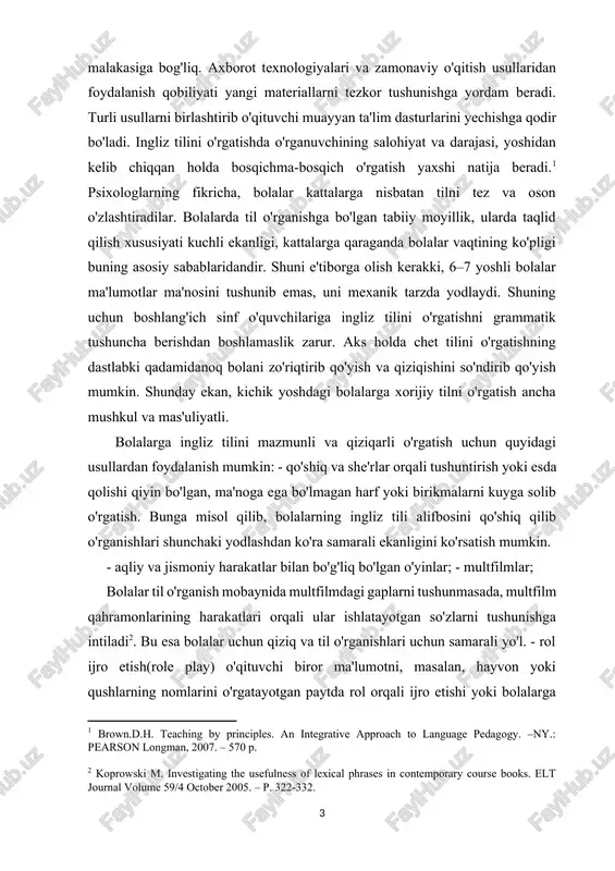 a olsa, bolalar tilni yaxshi o'rganishadi. masalan: traveling, birthday, in the kitchen va boshqalar. traveling(sayohat) mavzusida o'qituvchi sayohat uyushtirishi, sayohatga qanday vositalar orqali (foot, bicycle, automobile, train, boat, airplane) borish mumkinligi, qayerlarga sayohat qilish(tashkent, samarkand, bukhara, england, usa) muhimligi haqida ma'lumot beradi. bu hol o'quvchilarning so'z boyligini, til imkoniyatlarini kuchaytiradi, dunyoqarashini o'stiradi. bolalarda topishmoqlarning javobini topishga qiziqish kuchli. shuning uchun o'qituvchi topishmoqni ingliz yoki o'zbek tilida aytsada, uning javobini bolalardan ingliz tilida aytishini talab qilishi lozim. shunda bolalar so'zlarni tez o'rganishadi. - amaliy mashg'ulotlar(mevalar va boshqa oziq-ovqatlarni tatib ko'rish, gullarni hidlab ko'rish); bu jumlani bir amaliyotchi psixologning fikrlari bilan izohlash mumkin: ` bolalarning esida biror narsaning mahkam o'rnashib qolishini xohlovchi pedagog bola sezgi organlarining mumkin qadar ko'prog'ini ko'zi, qulog'i, tovush organi, muskul sezgisi va, hatto, agar iloji bo'lsa, hidlash va ta'm bilish organlarini esda tutib qolish jarayonida qatnashtirishga harakat qilishi kerak`. masalan: o'qituvchi bir o'quvchining olmani tatib ko'rishi paytida uning …
