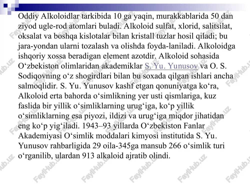 l modda. u ko`z, jigar, buyrak,nerv, bronxial astma kasalliklarini davolashda qo`llaniladi [3]. kokain janubiy amerikada o`sadigan “kokka” o`simligi barglarida bo`ladi. u kristall modda bo`lib, uning xlorgidrati ko`, quloq, tomoq, burun kasalliklarinidavolashda hamda jarrahlikda og`riqni qoldiruvchi vosita sifatida qo`llaniladi. narkotik tasirga ega. purin alkaloidlariga kofein, teofillin, teobrominlar, ya’ni ksantinning metilli hosilalari misol bo`ladi. ular choy bargi, kofe doni va kakao tarkibida uchraydi. 1,3,7-trimetil ksantin teofilin teobromin ma'ruza rejasi: alkaloidlarga miqdor tahlili. alkaloidlar saqlovchi dorivor o’simliklar va ularning mahsulotlari. alkaloidlarni miqdorini aniqlash usullari alkaloidlarni mahsulotdan erituv-chilar yordamida ajratib olish. alkaloidlarni turli aralashmalardan tozalash. toza alkaloidlar miqdorini turli usullar bilan aniqlash. i – bosqich mahsulotdan ajratma olish. mahsulot namunasi + konts. nh4oh + efir - efirli ajratma alk.asos xosil bo’ldi. ii - bosqich tozalash. efirli ajratma alk.asos + 5, 4, 3 ml hcl - alk . tuz xosil bo’ldi. alk . tuz +10% nh4oh + 5, 4, 3 ml xloroformli ajratma - sof …
