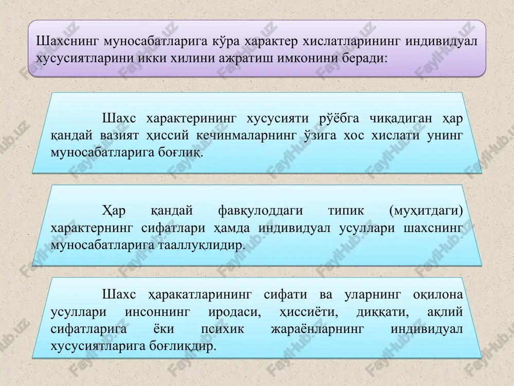 ri ko'p, ziddiyatlardan o'zini olib qochadi, boshqalarni diqqat bilan eshitish mumkin. topshiriqlarni vaqtida bajaradi. introvertlashgan tip – muloqotga kirishishga qiynaladi, «ichimdagini top», falsafiy fikr yuritishni yoqtiradi, qat'iyatli, e'tiqodi mustahkam, qaysar, tafakkuri qotib qolgan. inson xarakterining barcha tipologiyalari quyidagi asosiy g'oyalarga muvofiq tarzda tashkil etilgan. 1. inson xarakteri uning ontogenetik taraqqiyoti mobaynida namoyon bo'la boshlaydi va butun hayot davomida barqaror bo'lib boradi. 2. xarakter tarkibiga kirgan xususiyatlar tasodifiy uyushgan emas. ular xarakter tipologiyasini tuzish imkonini beruvchi bir-biridan farq qiluvchi tiplardan iborat. 3. mazkur tipologiyaga ko'ra ko'pchilik kishilarni ma'lum guruhlarga birlashtirish mumkin. e.krechmer odam tanasining tuzilishi va konstitutsiyasiga ko'ra, eng ko'p uchraydigan uchta tipni ajratib ko'rsatgan: