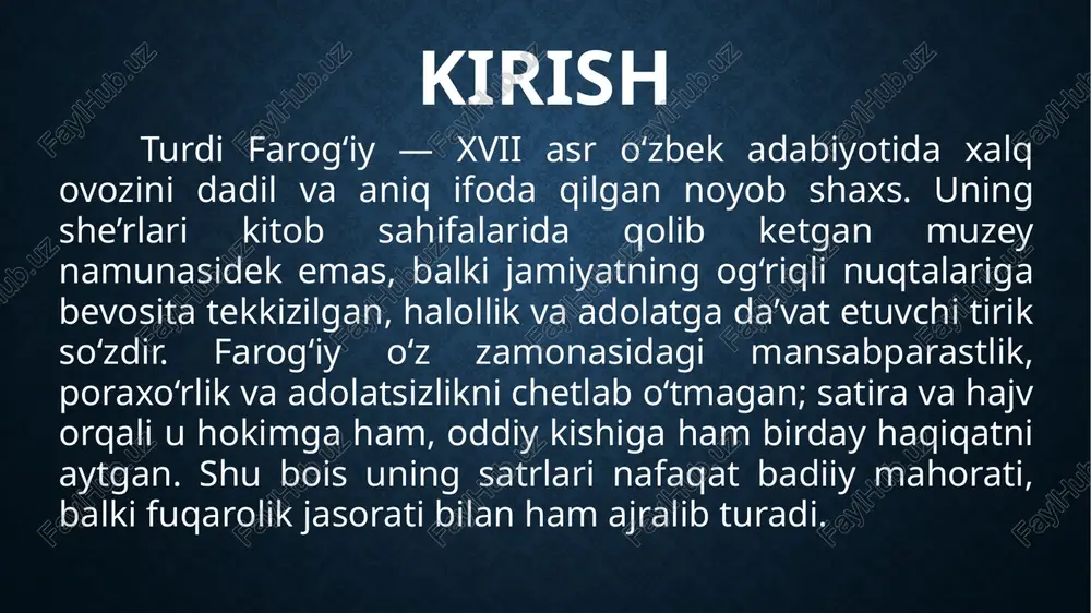 , istehzo, mubolag‘a, parodiya, hatto so‘z o‘yinlari kabi vositalar maqsadga muvofiq va tejamkor qo‘llanadi; ortiqcha bezak yo‘q, zarb bor. shu bois farog‘iy hajvlarida “kuldirib turib o‘ylatish” usuli kuchli: o‘quvchi avval kuladi, so‘ng esa kulgining achchiq sababini ko‘radi. tor ko’ngullik beklar tor ko’ngullik beklar, man-man demang, kenglik qiling to’qson ikki bori o’zbak yurtidir, tenglik qiling. birni qipchoqu xitoyu, birni yuz,nayman demang, qirqu yuz ming son bo’lub, bir xon oyinlik qiling. bir yaqodin bosh chiqorib, barcha bir to’ng’a kirib, bir o’ngurlik, bir tirizlik, bir yaqo, yenglik qiling. kim qo’yubdur, uhdai o’z mulkungizdin chiqmayin, ikki, uch, to’rt da’vosin etmakni, ko’tahlik qiling. mardlar maydon chekib, rangin ko’torib zaxmlar, sizga yo’q ul javhare, yuzga upo-englik qiling. shoirning eng ta’sirchan qatlamlaridan biri — ijtimoiy adolat g‘oyasining izchil himoyasi. u halollikni yuksak fazilat, ilm va ma’rifatni jamiyat taraqqiyotining yagona yo‘li deb biladi. zulmni fosh etish bilan kifoyalanmay, “qanday jamiyat kerak?” degan savolni ham bilvosita qo‘yadi: fuqarolar sha’ni …