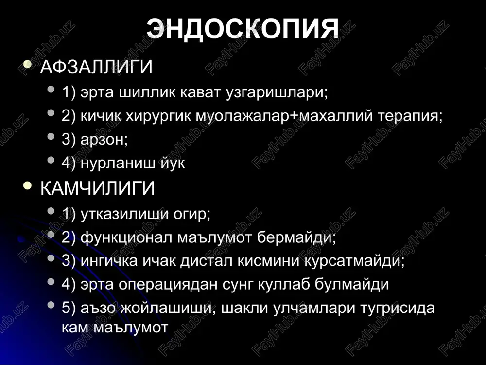 a aspiratsion pnevmoniya oshkozon gaz pufagi deformatsiyasi va kichrayishi kizilungach divertikuli divertikul - bush a'zo devori burtishi turlari pulsion, traktsion soxta, chinakam asorati divertikulit perforatsiya kizilungach sikilishi aspiratsion pnevmoniya pulsion traktsion pulsion divertikul kopsimon (tana+buyincha), doim soxta (fakat shillik kavati burtadi) bariy, ovkat ushlanib koladi turlari - tsenker, aortobronxial, epifrenal traktsion divertikul uch burchak shaklida, doim chinakam (devorni xamma kavati burtadi) kuprok bifurkatsiya soxasida uchraydi, ovkat ushlanmaydi kizilungach diafragma teshigi churralari turlari: aksial (99%), paraaksial (1%) fiksatsiyalashgan, sirpanuvchi aksial (kizilungach uki buylab) paraaksial (kizilungach ukidan tashkarida) aksial churra sirpanuvchi, keksalarda kuprok epifrenal burtish (>2sm) peristaltika yukligi ge reflyuks paraaksial churra ku enida joylashadi, fiksatsiyalashgan oshkozonni katta kismi kukrak kafasida yurak fonida gaz gorizontal suyuklik darajasi oshkozon gaz pufagi kichik/yuk ku venalari varikozi 1. v.portae-->v.cava sabablari – tsirroz, pastki v.cava obstruktsiya kizilungachni pastki yarimida joylashadilar. 2. yukori v.cava-->v.portae sababi - yukori v.cava obstruktsiyasi kizilungachni yukori 1/3 kismida joylashadilar belgilari kup sonli …