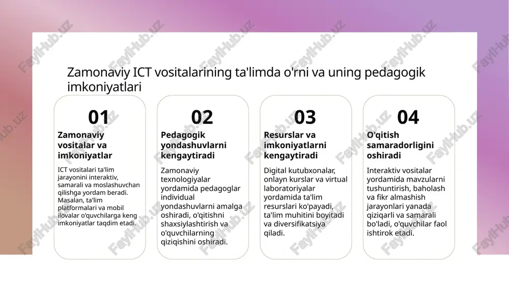 ma qilish va topshiriqlarni bajarishda ishtirok etadi. 3 virtual va kengaytirilgan haqiqat - vr va ar texnologiyalari yordamida o’quvchilarni muhitga jalb qilish, tajribali o’quv jarayonlarini tashkil etib, faol fikrlashni rivojlantiradi. 4 onlayn hamkorlik va muhokama - onlayn forumlar, guruh ishlari va videokonferensiyalar orqali o’quvchilar bir-biri bilan muloqot qilib, fikr almashish va muammoni hal qilishda faol ishtirok etadi. interaktiv vositalar bilan ta’lim muhitini modernizatsiya qilish imkoniyatlari. 1 raqamli ta'lim platformalari - zamonaviy interaktiv vositalar yordamida ta'lim muhitini raqamli platformalar bilan boyitish mumkin. bu o‘quvchilarga keng imkoniyatlar va resurslarga erishishni ta'minlaydi. 2 interaktiv ta’lim dasturlari - o‘quvchilarning faol ishtirokini ta'minlash uchun interaktiv dasturlar va o‘yinlar keng qo‘llaniladi. bu metodlar o‘rganishni qiziqarli va samarali qiladi. 3 virtual haqiqat texnologiyalari - vr texnologiyalari yordamida murakkab konseptlarni vizualizatsiya qilish va amaliy tajribalarni taqdim etish, ta'lim jarayonini innovatsion qilish imkonini beradi. 4 onlayn hamkorlik platformalari - onlayn forumlar va guruh ishlari uchun platformalar ta’lim muhitini kengaytiradi, …