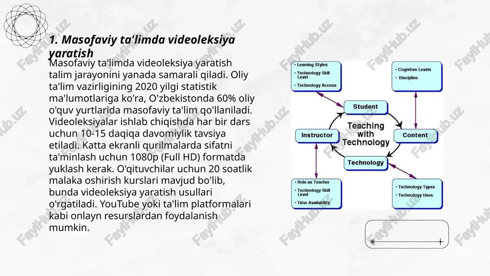 ing bilim jarayonlarini aniqlashda va qo'llab-quvvatlashda samarali ishlaydi. ... t.me/slaydai_bot onlayn sinflarda fanni boshqarish strategiyalari zamonaviy ta'limning ajralmas qismi hisoblanadi. samarali boshqarish uchun turli texnologiyalar va yondashuvlar qo'llaniladi. statistik ma'lumotlarga ko'ra, o'qituvchilarning 75% dan ortig'i video platformalar ishlatadi. shu bilan birga, interaktiv o'quv materiallari yordamida talabalarning ishtirokini 60% ga oshirish mumkin. taxminan 85% o'qituvchilar onlayn sinflarda interaktiv doskalar va chat funksiyalaridan foydalanadi. raqamli vositalar orqali qayta aloqa tezligi 50% ga yaxshilanadi. ammo muvaffaqiyat uchun o'qituvchi va talabalar o'rtasida samarali kommunikatsiya o'rnatilishi kerakligi ham muhimdir. ... t.me/slaydai_bot 7. tibbiyotda an'anaviy va masofaviy ta'limni integratsiya qilish tibbiyotda an'anaviy va masofaviy ta'limning integratsiyasi zamonaviy ta'lim tizimining muhim yo'nalishlaridan biridir. 2020-yilda pandemiya sababli masofaviy ta'lim keng rivojlanib, tibbiyot sohasida ham qo'llanila boshlandi. monitoring va test sinflari ko'pincha 80% yoki undan ko’proq onlayn tarzda o'tkaziladi. an'anaviy ta'lim jarayonida esa amaliy darslar 60% tashkil qiladi. yevropa va aqshdagi ko'plab tibbiyot universitetlari hibrid tizimda dars o'tishni yo'lga …