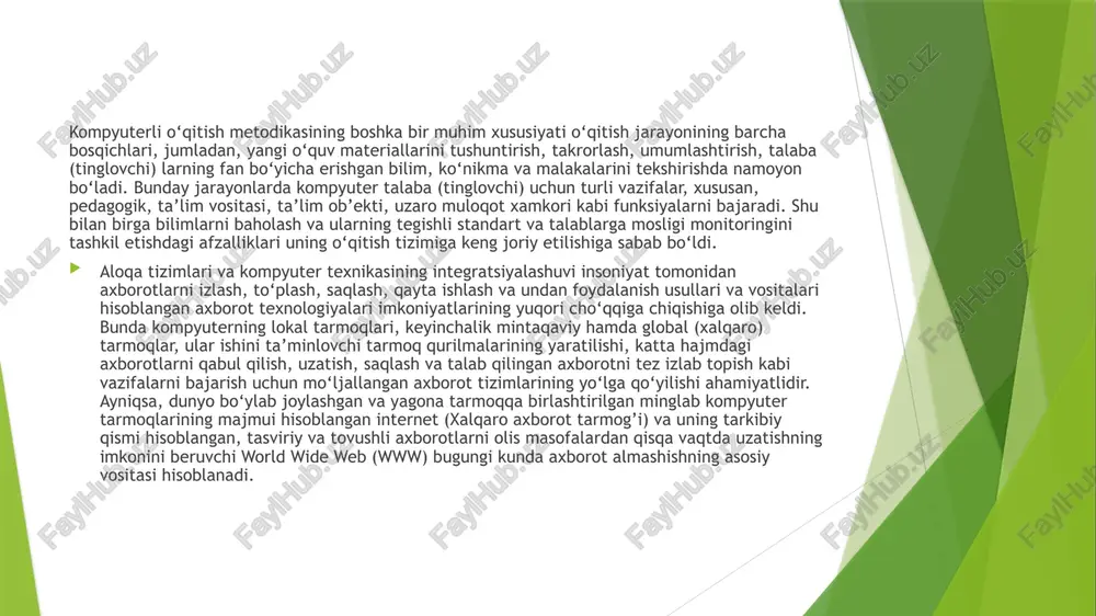 shda kunduzgi bevosita o‘qitish orqali oladi. konsorsium. ushbu model ikkita ta’lim muassasasining uzaro aloqasida olib boriladi, ya’ni o‘quv materiallarini ishlab chiqarish va ularni masofali o‘qitishda ayrim funksiyalarni o‘zaro bo‘lib olishga asoslanadi. franchayzing. franchayzing tamoyiliga asoslangan bu modelda muloqotdagi ta’lim muassasalari o‘zaro o‘zlari yaratgan masofaviy kurslarni almashadi. validatsiya. muloqotda bo‘lgan barcha ta’lim muassasalari o‘zaro teng darajada masofali o‘qitish bo‘yicha bitim tuzadilar franchayzing. franchayzing tamoyiliga asoslangan bu modelda muloqotdagi ta’lim muassasalari o‘zaro o‘zlari yaratgan masofaviy kurslarni almashadi.. kunduzgi va masofali ta’lim integratsiyalashgan. bunda materialning qaysidir aniq qismi kunduzgi, yana aniq qismi masofadan va belgilangan ma’lum qismi kunduzgi yoki masofali tarzda amalga oshiriladi. tarmoqli ta’lim (avtonom tarmoq kurslari va axborot-ta’lim muhiti). bu model nogiron bolalar, yiroq hududlarda yashovchilar, o‘z kasbiy darajasini oshirish istagidagi talabalar va katta yoshlilar uchun mo‘ljallangan. tarmoqli ta’lim va keys-texnologiyalari. bu model ta’limni differensialashtirishga mo‘ljallangan. interaktiv televidenie (two-way tv), videokonferensiyalar. masofadan mashg‘ulotlarni translyasiya qilish bilan bog‘liq model xisoblanadi. model – …