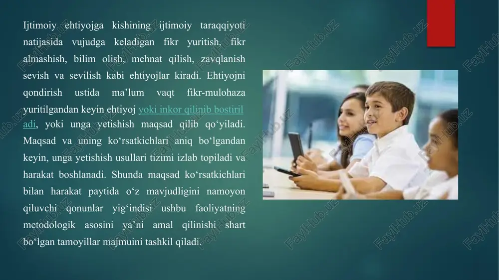 a qobiliyatli, yangi tajribalarni idrok etishga tayyor, o‘z imkoniyatlarni o‘zi amalga oshirishga ishtiyoqmand noyob yaxlit inson turadi. bunday shaxsning muvafaqkiyati an’anaviy texnologiyadagi bilim va ijtimoiy me’yorlarni tarbiyalanuvchilarga formal uzatishdan farqli ravishda, erkin fikrli shaxsni shakllantirish ekanligini bildiradi. shaxsga yo‘naltirilgan texnologiya har bir bolaning individual o‘ziga xosligi bilan bog‘liqlikda ta’lim va tarbiyaning metod va vositalarini izlab topishga harakat qiladi. shaxsga yo‘naltirilgan texnologiya an’naviy texnologiyadagi bolaga avtoritar, mustaqilligini e’tirof etmagan xolda qarashga qarama-qarshi qo‘yiladi. sevish, g‘amxo‘rlik, hamkorlik asosida shaxs ijodiyligi va o‘zini-o‘zi rivojlantirishi uchun sharoit yaratadi. shaxsga yo‘naltirilgan texnologiyaning asosiy tamoyillari individ doimiy o‘zgaruvchan dunyoning markazida joylashadi: har bir kishi uchun borliqni idrok etishda shaxsiy dunyosi muhim ahamiyatga ega. bu ichki dunyoni hech kim tashqaridan oxirigacha bila olishi mumkin emas; - inson borliqni shaxsiy munosabati va tushunishi asosida idrok eta-di; - individ o‘zini-o‘zi bilish va o‘zini-o‘zi realizatsiyalashga harakat qiladi, u o‘zini-o‘zi takomillashtirishda ichki imkoniyatlarga ega bo‘ladi; -muloqot natijasida erishish mumkin bo‘lgan rivojlanish …