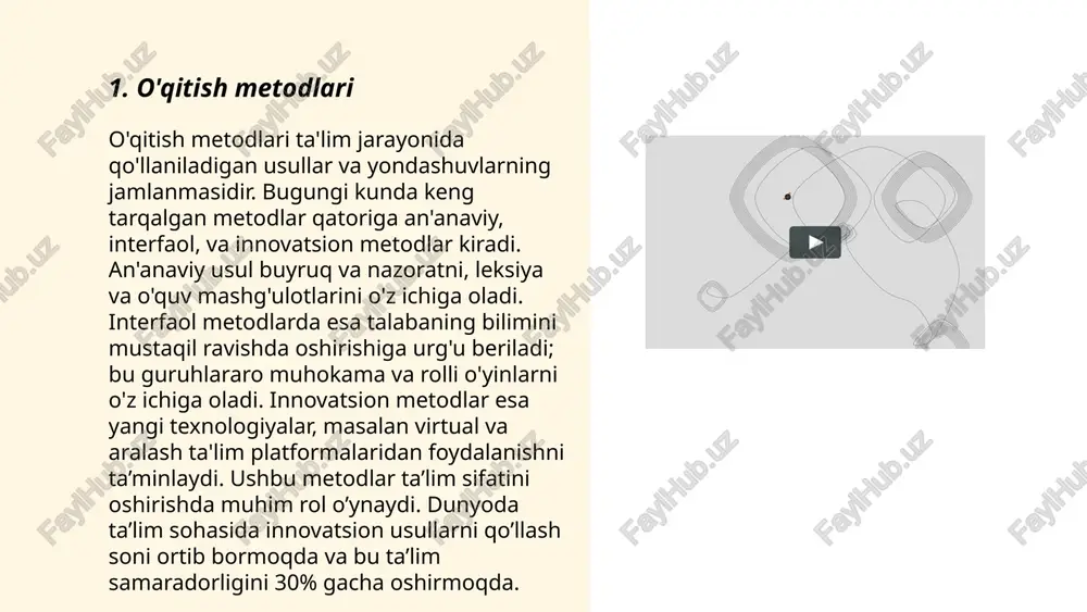 o‘z ichiga oladi. masalan, haftada besh kunlik dars jadvali tuzilishi mumkin, har kuni 45 daqiqalik 6 ta darsdan iborat. har bir darsda ma'lum bir mavzu va o‘quv natijalari ko‘zda tutiladi. uy vazifalari va testlar har oyning oxirida baholanadi. maktablar o‘quv yilida taxminan 34-36 hafta o‘qitilgan taqdirda, dars rejalashtirish yillik 180 kundan oshmasligi tavsiya etiladi. rejalashtirish orqali resurslar, o‘qituvchilar va o‘quvchilar vaqti optimal foydalaniladi. ... t.me/slaydai_bot 7. ta'lim muhitini tashkil etish ta'lim muhitini tashkil etish jarayoni ta'lim sifatiga bevosita ta'sir qiladi. o'quv muhitini yaratish davomida quyidagi omillarga e'tibor qaratish muhim: sinfdagi mebel va jihozlar joylashuvi, yoritilish darajasi, harorat va shamollatish sheriklik ruhida bo'lishi kerak. tadqiqotlar ko'rsatadi: yoritilishi yaxshi sinflarda o'quvchilar diqqatini 20% yaxshi saqlaydi. muvofiq ovoz balandligi esa 30% ko'proq axborotni o‘zlashtirishga yordam beradi. maktablarga talablarga ko‘ra har bir o‘quvchiga 2-2,5 kvadrat metr maydon ajratilishi zarur. ushbu shart-sharoitlar o‘quvchilarning psixologik va jismoniy holatiga ijobiy ta’sir qiladi, bu esa ta’lim jarayonining muvaffaqiyatini …