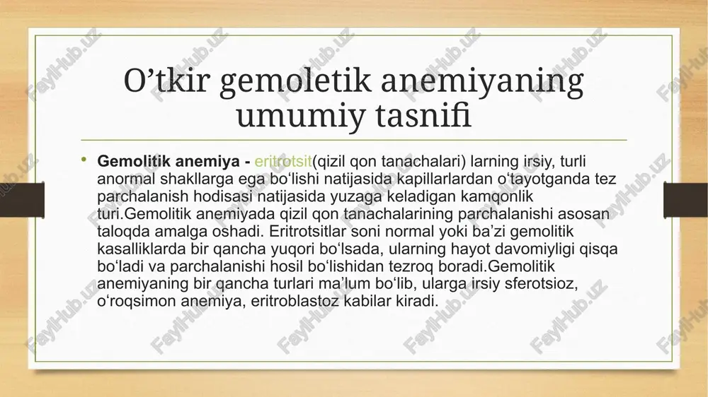 loviya qabul qilish natijasida qon tomiriarda o'tkir eritrotsitlar gemolizi (favizm)1. anemiya turi- irsiy gemoglobinopatiyalar a) globin zanjiri sintezining irsiy yetishmovchiligi klinik formasi- a-talassemiya autosom-dom inant holda naslga o‘tadi p - talassemiya dominant holda nasldan-naslga o'tadi patogenezi- globin zanjiri sinteziga javobgar boshqaradigan genlar mutatsiyasi, eritrotsitlarda a-zanjir sintezi buzilishi, tarkibiga a -zanjir kiradigan hamma normal gemoglobinlar sintezining buzilishi; chaqaloqlardagi f - gemoglobin sintszi - kattalarda hbh (p) sintezi hb barqarorligi buzilishi, jigar va taloq makrofagotsitlarida anomal globinli eritrotsitlar gemolizi. globin p-zanjiri sintezining genetik nuqsoni, hba sintezining buzilishi; hbf ' (a^. pi) giperproduktsiyasi va hba: eritroiitlar gemolizi. anemiya turi- b globin zanjiri birlamchi tuzilishining irsiy yetishmovchiligi klinik formasi- 0 ‘roqsimon hujayrali anemiya, to'liq bo'lmagan dominant holda nasldan-naslga o'tadi. patogenezi- struktur gen mutatsiyasi p-zanjirda glutamin kislotasi vajin almashganligi hbs sintezini stimullaydi. hbsning kristall o'roqsimon deformatsiyasiga, oxir-oqibatda gemolizga olib keladi. toksik gemolitik anemiya toksik gemolitik anemiya - anemiyalaming bir turi bo'lib, har xil gemolitik toksik …