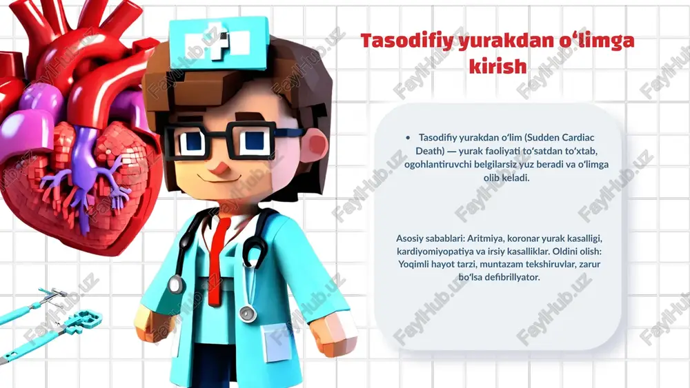 rlarda samarali. brugada sindromi irsiy aritmiya bo‘lib, yurakdan to‘satdan o‘lim xavfini oshiradi. brugada sindromi: sabablari bu sindrom ion kanallarining buzilishi tufayli kelib chiqadi va vf/vtga olib kelishi mumkin. elektr impulslarida muammo brugada sindromi bilan yurak urishining notekisligi va to‘satdan hushdan ketish kuzatilishi mumkin. aritmiya xavfi tibbiy nazorat va yurakni tekshirtirish zarur. defibrillyator o‘rnatilishi mumkin. oldini olish choralari bemorlar jismoniy faoliyatni cheklashi va stressdan qochishi kerak. jismoniy faoliyatni cheklash brugada sindromi mavjud bo‘lsa, tibbiy nazoratda bo‘lish muhim. tibbiy nazorat zaruriyati brugada sindromi va yurak uzun qt sindromi: xavf va nazorat uzun qt sindromi yurak ritmining buzilishi bo‘lib, aritmiyalarga olib kelishi mumkin. irsi omillar brugada sindromi va boshqa irsiy kasalliklar yurak elektr faoliyatini buzadi. xavf omillari muntazam tekshiruvlar va davolash usullari, masalan, defibrillyator o‘rnatish. tibbiy nazorat va davolash marfan sindromi va yurak mushagi marfan sindromi yurak mushagining strukturaviy o‘zgarishlariga olib keladi. bu kasallikda yurakning qattiqligi va elastikligi pasayadi, natijada yurakning qon haydovchi …