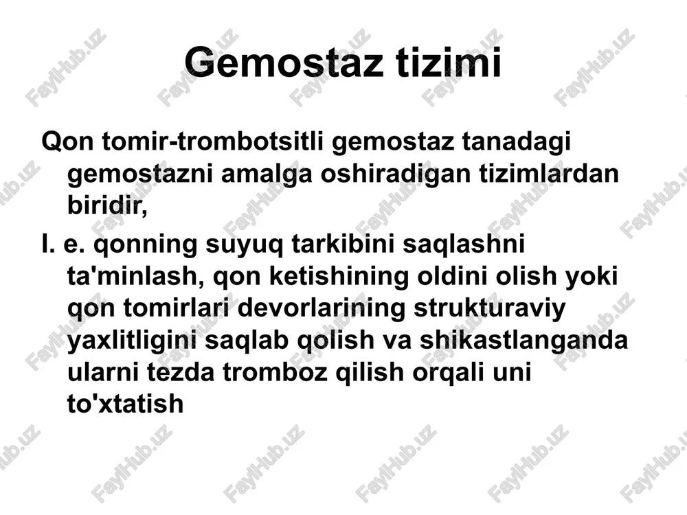 ning haddan tashqari dozasi, dic vaskulit-binafsha rang turi: gemorragik vaskulit, gemorragik isitma angiomatoz: telangiektaziya, oilaviy angiomatoz. gemofiliya gematoma turi varfarinning haddan tashqari dozasi liposaktsiyaning asoratlari caralash sinyach-gematoma turi nsaid petexial-dog'li (ko'kargan) turi trombotsitopeniya immun va immun bo'lmagan, trombotsitopatiyalar, omillar etishmasligi vii,x,v,ii,i) geparin nekrozi petexial-dog'li (ko'kargan) turi kriyoglobulinemik purpura (virusli gepatit c) vaskulit-binafsha rang turi schönlein - gennoch gemorragik vaskulit gemoragik vaskulit angiomatoz turi telangiektaziya (rendu-oslera) gemangioma angiomatoz turi kaposi sarkomasi telangiektaziya laboratoriya tadqiqotlari: qon ketish vaqti, aptt, pv va trombotsitlar soni normaldir. kasallik qon ketishini to'xtatish va anemiyani davolash uchun o'z vaqtida choralar ko'rish bilan yaxshi davom etadi. miya hududida telangiektazlarning noqulay joylashishi bilan ulardan qon ketishi o'limga olib kelishi mumkin. davolash. tomirni siqish orqali qon ketishini mexanik ravishda to'xtatish, lazer nurlari bilan qon ketadigan telangiektazlarni katerizatsiya qilish. qon ketishining klinik turlari gematoma: - katta bo'g'imlarda, mushaklarda, aponevroz va fastsiya ostida, teri osti va retroperitoneal to'qimalarda massiv, chuqur, qattiq va …