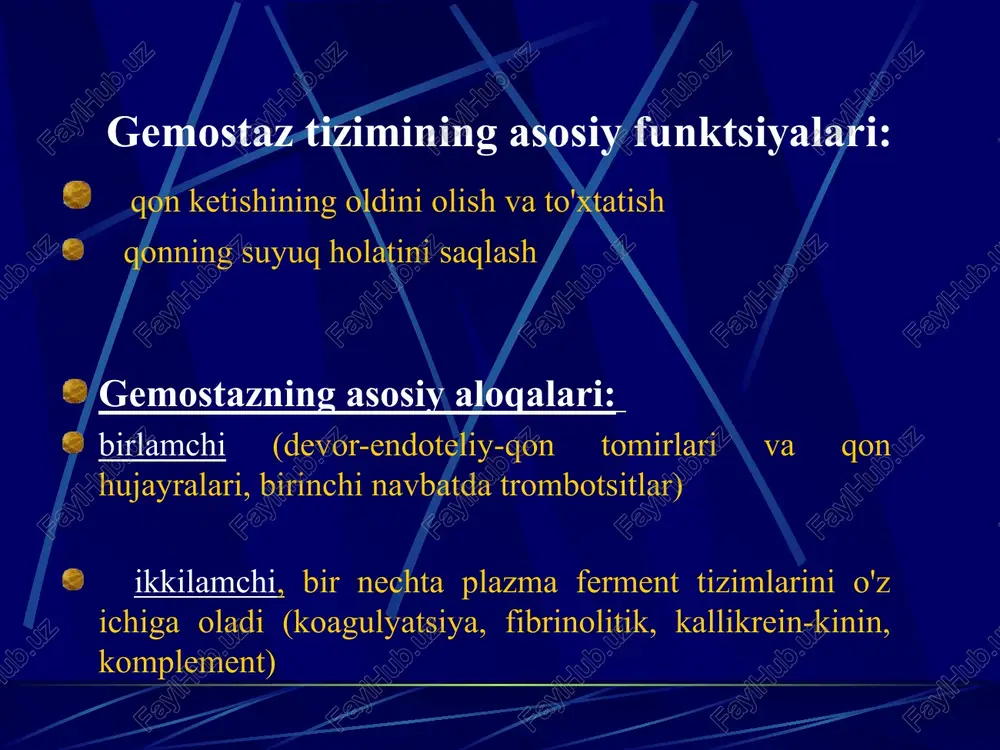 sitopatiyalar petechial dog'li qon ketish turi gemorragiyaning joylashishi –petexiya va ko'karishlar- tananing old yuzasida, ekstremitalarda, har xil darajada ("leopard terisi") qon ketishining vaskulit-binafsha turi yallig'lanish-gemorragik mayda petexial simmetrik döküntü birlashish tendentsiyasi bilan bosim bilan oqarib ketmaydi, bu birinchi navbatda pastki ekstremitalarda, qo'llarda, magistralda, dumg'azada paydo bo'ladi, döküntü paytida elementlar terining yuzasidan ko'tariladi, qoida tariqasida, u qichimaydi, vaqti-vaqti bilan ürtiker elementlari bilan birlashtiriladi, döküntüden keyin qobiq qoladi, nekroz va giperpigmentatsiya joylari, döküntü ko'pincha takrorlanadi, qon ketishining angiomatoz turi bu telangiektaziyalarning mavjudligi bilan tavsiflanadi (teri va shilliq pardalarda tomirlarning tugunli yoki yulduzli kengayishi). gemorragik tereangiektaziyaga xos (randu-osler kasalligi). gemostaz kasalliklarining laboratoriya diagnostikasi tadqiqot qon tomir trombotsitlari (birlamchi) gemostaz: - chimchilash testi «+», - turniket namunasi (manjet) "+"namunasi, - trombotsitlar soni (150-350×109/ l, - trombotsitlarning funktsional xususiyatlarini o'rganish: o'lchamlarni, etuklik darajasini aniqlash, qon ketish davomiyligi (2-3 daqiqa davomida) trombotsitlarning agregatsiya qobiliyati, qon pıhtısının orqaga tortilishi (norma 48-60%) suyak iligidagi megakaryotsitlar koagulyatsion gemostazni o'rganish …