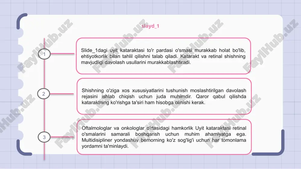 ncha berishi mumkin. ushbu anormalliklarni tushunishga qaratilgan tadqiqotlar yaxshilangan terapevtik strategiyalarga olib kelishi mumkin. slide_7 ni o'rganish tadqiqot, tibbiy ta'lim va klinik amaliyot uchun qimmatli ma'lumotlarni taqdim etishi mumkin. taqdim etilgan vizual ma'lumotlar katarakt va retinal o'smalari bilan bog'liq asosiy xususiyatlar va anormalliklarni aniqlashga yordam beradi. slayd_8 uyit kataraktasi retinal o'smalari ko'rish qobiliyatiga ta'sir qiladi va davolanmasa, jiddiy asoratlarni keltirib chiqarishi mumkin. erta aniqlash va o'z vaqtida aralashuv ushbu kasalliklarni boshqarishda juda muhimdir. 8-slaydda uyit kataraktasi retinal o'smalarining xususiyatlari va davolash usullari haqida batafsil ma'lumot berilgan. ushbu o'smalarning patologiyasini va rivojlanishini tushunish samarali davolash uchun zarurdir. sog'liqni saqlash sohasi mutaxassislari 8-slaydda keltirilgan ma'lumotlardan bemorlarni ko'zni muntazam tekshirish va katarakt retinal o'smalarini erta aniqlash uchun skrining muhimligi haqida ma'lumot berish uchun foydalanishlari mumkin. xabardor bo'lish orqali odamlar o'z qarashlarini himoya qilish uchun faol choralar ko'rishlari mumkin. e'tiboringiz uchun rahmat