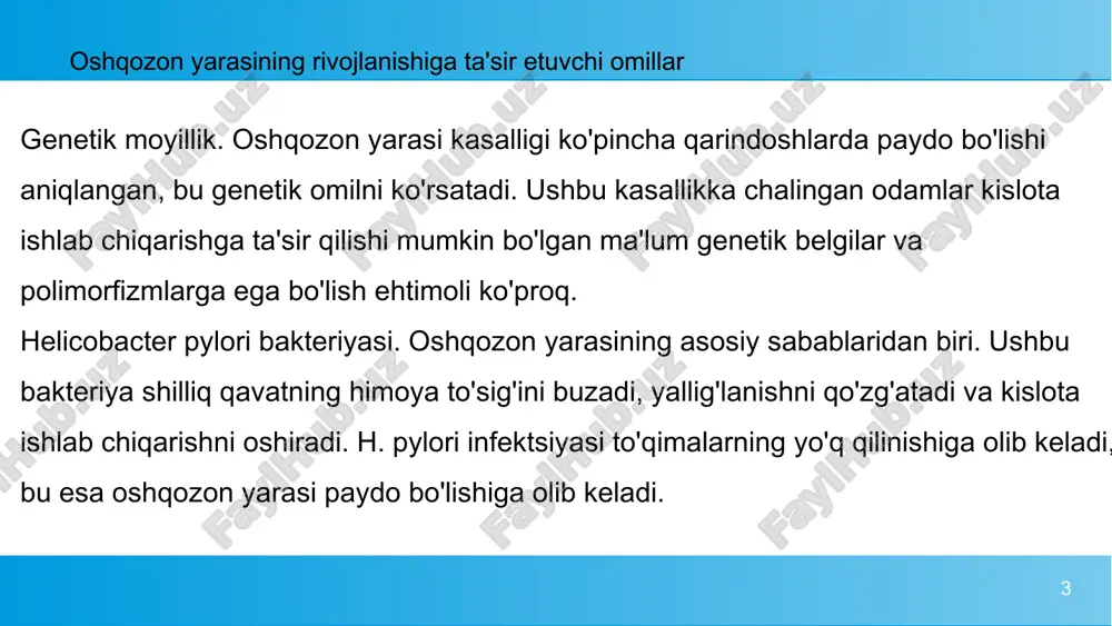 iqadi va o'n ikki barmoqli ichakning shilliq qavatiga ta'sir qiladi, bu erda kislotalikka qarshi tabiiy himoya zaifroq. oshqozon harakatining buzilishi. o'n ikki barmoqli ichak yarasi bo'lgan ba'zi bemorlarda oshqozonning kechikishi kuzatiladi. bu ichak shilliq qavatiga ko'proq kislota ta'siriga olib kelishi mumkin. 12 klinik xususiyatlari och qoringa og'riq. o'n ikki barmoqli ichak yarasi bilan og'rigan bemorlar ko'pincha qorinning yuqori qismidagi og'riqlardan shikoyat qiladilar, bu och qoringa yoki kechasi paydo bo'ladi va ovqatdan keyin kamayadi. kuchlanishning mavsumiyligi. oshqozon yarasi kabi, o'n ikki barmoqli ichak yarasi ko'pincha bahor va kuzda yomonlashadi. dispepsiya belgilari. bularga yurak urishi, nordon belching va shishiradi. 13 oshqozon va o'n ikki barmoqli ichak yaralarini solishtirish oshqozon yarasi ko'pincha shilliq qavatning himoya mexanizmlarining buzilishi bilan bog'liq bo'lsa, o'n ikki barmoqli ichak yarasi kislotaning agressiv ta'siriga ko'proq bog'liq. o'n ikki barmoqli ichak yaralarida h. pylori infektsiyasi ko'proq uchraydi. 14 o'n ikki barmoqli ichak yarasi yuqori kislotalilik va h. pylori infektsiyasidan kelib …