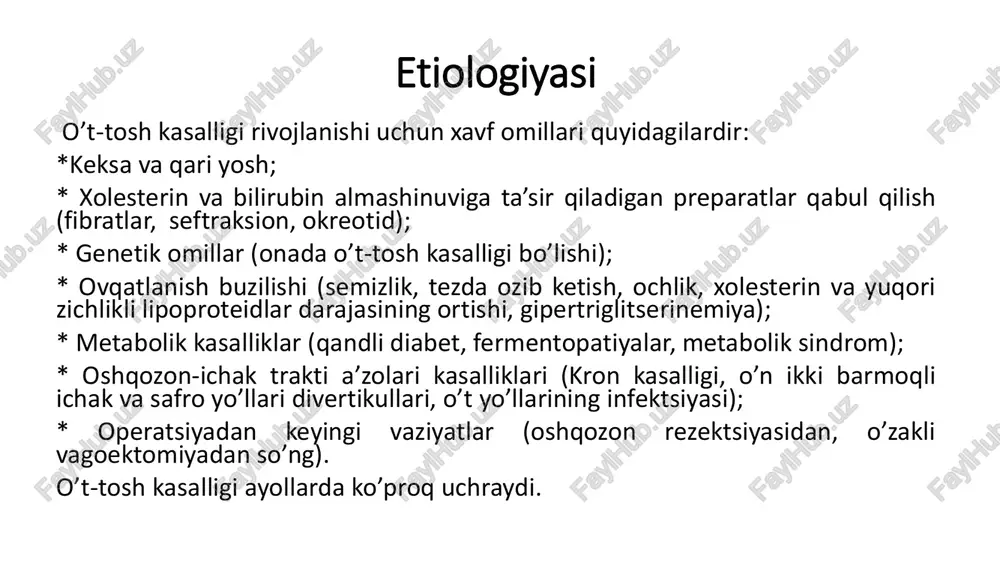 . ba’zan to’rtinchi bosqich — asoratlar rivojlanishi ham ajratiladi. patalogik anatomiyasi xoletsistit 90 % holatlarda o’t-tosh kasalligi bilan birga keladi. o’t pufagi kattalashib, tarang tortilib turadi. shilliq pardasi qonga to’lgan (giperemiyalangan), shishgan, loyqa shilimshiq bilan qoplangan bo’ladi. mikroskop bilan tekshirilib ko’rilganida shilliq parda va uning ostidagi pardada makrofaglar, neytrofillar va ko’chib tushgan epetelial hujayralardan iborat infiltratsiya borligi ko’rinadi. klinik manzarasi xolelitiazda xarakterli og’riq sindromi — o’t yoki jigar kolikasi bo’lib, to’satdan paydo bo’ladigan, o’ng tomon qovurg’a ostida lokalizatsiyalanadigan, kesuvchi, sanchuvchi tabiatli og’riq bilan tavsiflanadi. bir necha soat o’tgach, og’riq batamom o’t pufagining proektsiyasi qismida konsentratsiyalanadi. orqa, o’ng kurak ostiga, bo’yinga, o’ng yelkaga irradiatsiyalanishi mumkin. ba’zan yurakka irradiatsiyasi stenokardiyaga olib kelishi mumkin. hamrohlik qiluvchi alomatlar — ko’ngil aynishi (yengillik bermaydigan qayt qilishgacha). qayt qilish o’n ikki barmoqli ichak so’rg’ich atrofi sohasining ta’sirlanish xususiyatiga reflektor javob sifatida sodir bo’ladi. umumiy o’t yo’lining konkrement bilan to’silishi va oddi sfinkterini obstruktsiyasida obturatsion sariq kasallik …