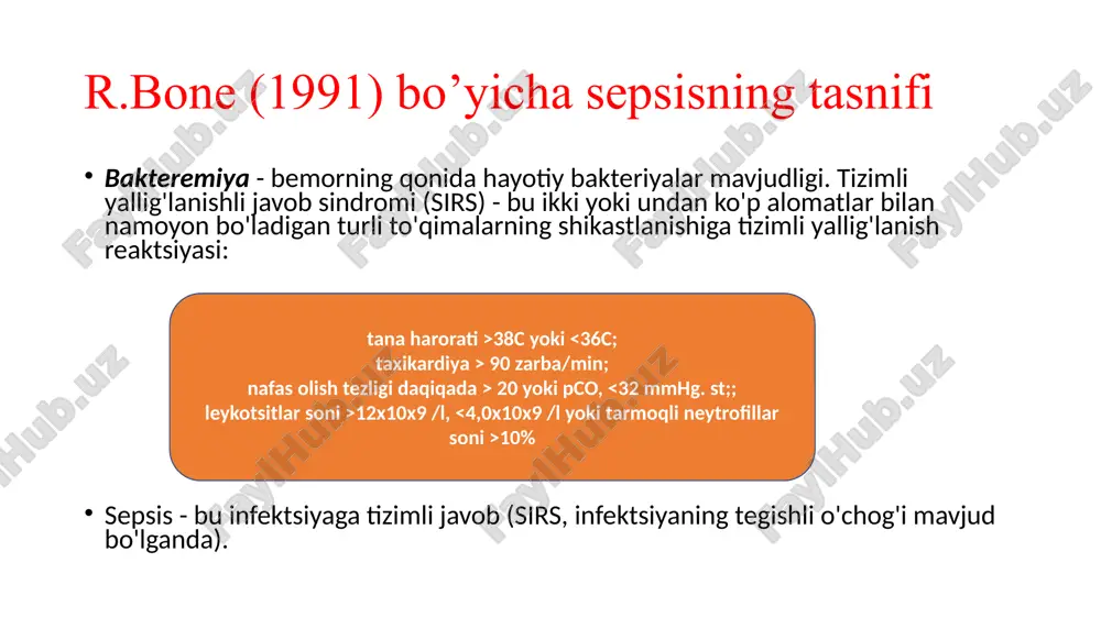 biologik kuchlarining holati, asosiy organlar va tizimlarning birgalikdagi kasalliklari mavjudligi. mikrofloraning turiga ko’ra septik shokning patogenezi qonga kiradigan gramm-manfiy mikroorganizmlarning endotoksinlari (asosan lipopolisakkaridlar) prekapillyarlarning keskin spazmini keltirib chiqaradi (katexolaminlarning chiqishi bilan buyrak usti bezlarini rag'batlantirish orqali). natijada, umumiy ishemik to'qimalarning gipoksiyasi, og'ir metabolik atsidoz va hayotiy organlarning disfunktsiyasi rivojlanadi. ishemik to'qimalarda kapillyarlarning spazmi qaytarilmas kollapsning rivojlanishi va bemorning o'limi bilan yakunlanadi. gram-musbat kokklar keltirib chiqaradigan septik shokda mikrobial ekzotoksinlar gistaminga o'xshash va serotoninga o'xshash qon tomirlarini kengaytiruvchi ta'sirga ega bo'lgan plazmamakininlarning ajralib chiqishi bilan hujayra proteolizini keltirib chiqaradi. prekapillyar parez natijasida gipotenziya paydo bo'ladi. to'qimalarga, shu jumladan hayotiy organlarga qon ta'minoti buziladi, natijada o'limga olib keladi sepsis diagnostikasi i. tizimli yallig'lanish reaktsiyasining umumiy belgilari: tana harorati 38c dan yuqori yoki 36c dan past; yurak urish tezligi daqiqada 90 martadan ortiq; nafas olish tezligi daqiqada -20 dan ortiq yoki pco 32 mm dan kam. rt. art.; leykotsitlar soni 12x10x9 / l …