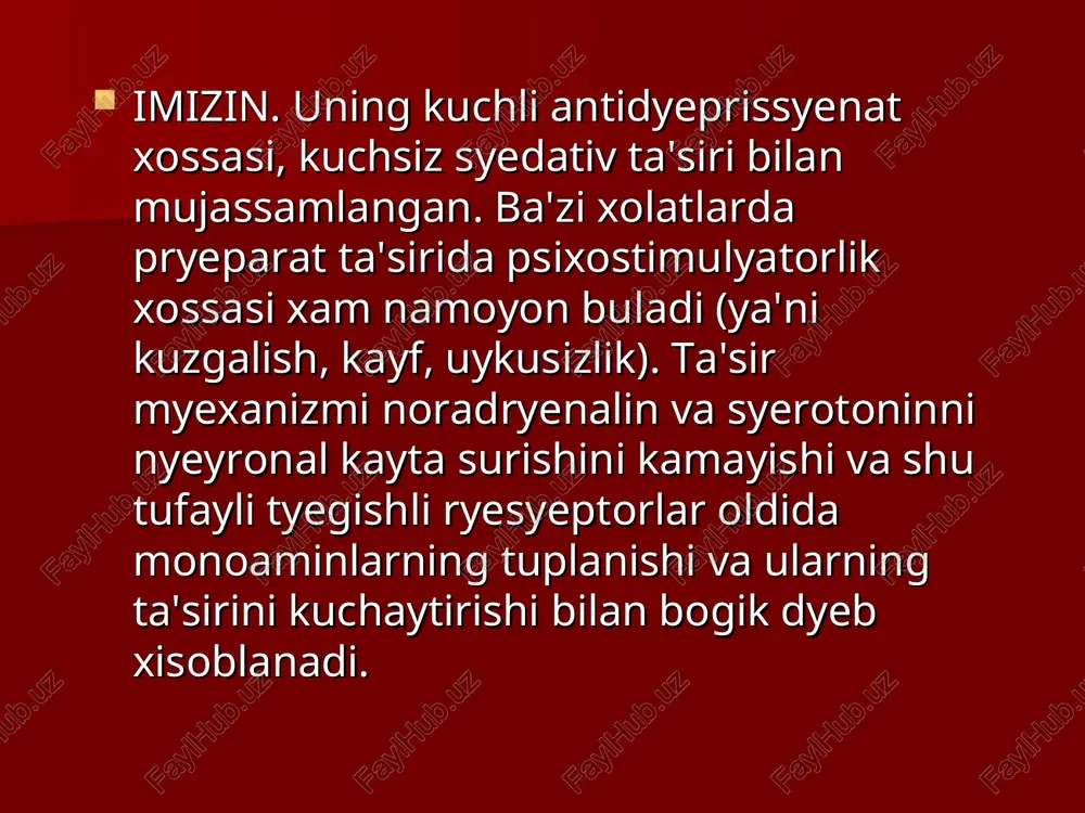maydigan holatlar: miya kon aylanishi buzilgan, yurak tomir yetishmovchiligining dyekompyensasiya boskichida, buyrak va jigar yetishmovchiligida. nilamidni ryezirpin bilan birgalikda kullash mumkin emas, chunki kuchli kuzgalish rivojlanadi. nilamid insulin, pyeshob xaydovchi dorilar, barbituratlar, analyeptiklar, maxalliy anyestyetiklar, gipotyenziv vositalar ta'sirini kuchaytiradi. mns faoliyatini kuchaytiruvchi (stimullovchi) vositalar bunday vositalar kuyidagi guruxlarga bulinadilar: psixostimulyatorlar; nootroplar; analyeptiklar. psixostimulyatorlar psixostimulyatorlar ular psixomotor faollikni oshiradilar,ta'sirotlarni kabul kilishni yaxshilaydilar, charchaganda tolikishni yukotadilar, akliy va jismoniy myexnat kobiliyatini oshiradilar,uykuni vaqtinchalik bartaraf etadilar. psixostimulyatorlar kupincha yengil darajadagi dyepryessiya bilan kyechuvchi xar-xil astyenik,byefarklik,ipoxon drik xolatlarda kullaniladi. fenil alkil aminlar fenamin piperidin unumlari meridil sidnonimin xosilalari sidnokarb metilksantinlar kofein fenamin fenaminning ta'sir myexanizmi dofamin va na pryesinaptik myembranadan ajralishini kuchaytirish va nyeyronal kayta shimilishni pasayishidan iborat. buning natijasida sinaps yorigida monoaminlar mikdori ortib mnsdagi ryesyeptorlarning kuzgalishi kuzatiladi, ayniksa ryetikulyarformasiyaning miya pustlok va limblik sistyemaga stimullovchi ta'sir ko‘rsatadi. shu tufayli fyenamin nyeostriatumga susaytiruvchi ta'sir etadi. qo’llanilishi: tolikqanda, charchokni yukotish, akliy va jismoniy faollikni …