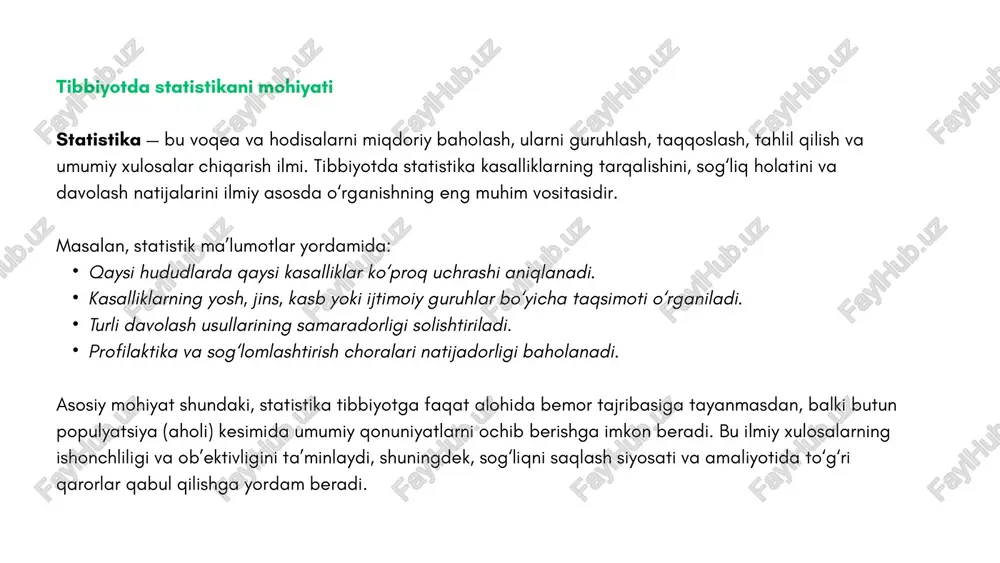 i muhofaza qilish va umr davomiyligini uzaytirishga qaratilgan qator dasturlarni amalga oshirdi. mamlakatimizda o‘rtacha umr davomiyligi 1991-yildagi 67 yoshdan 2023-yilda 74 yoshga yetdi, bolalar o‘limi ko‘rsatkichi esa 3 baravar kamaydi. bu raqamlar oddiy statistik ma’lumot bo‘lib tuyulsa-da, aslida ular ortida yirik ilmiy tadqiqotlar, sog‘liqni saqlash siyosatining samarali yo‘nalishlari va profilaktika choralarining natijalari mujassam. bugungi kunda o‘zbekistonda yurak-qon tomir kasalliklari, diabet, saraton, shuningdek, onalik va bolalik bilan bog‘liq muammolar asosiy tibbiy va ijtimoiy vazifa bo‘lib qolmoqda. ularning tarqalishi, xavf omillari va oqibatlarini aniqlashda statistik tahlil yetakchi rol o‘ynaydi. masalan, o‘zbekiston respublikasi sog‘liqni saqlash vazirligi va jahon sog‘liqni saqlash tashkiloti ma’lumotlariga ko‘ra, yurak-qon tomir kasalliklari mamlakatdagi umumiy o‘limlarning qariyb 60 foizini tashkil etadi. bunday ko‘rsatkichlar sog‘liqni saqlash siyosatini qayta ko‘rib chiqish, aholining sog‘lom turmush tarzini shakllantirish va profilaktika dasturlarini kengaytirishga asos bo‘lib xizmat qilmoqda. kasallanish ko‘rsatkichi (morbidity rate) bu ko‘rsatkich ma’lum davr mobaynida aholida qayd etilgan yangi kasallik holatlari sonini bildiradi. u …