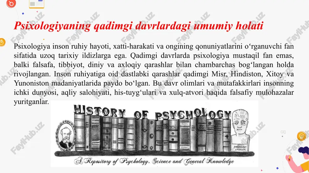 b o‘rgangan. bu qarashlar zamonaviy psixologiyada "ijtimoiy psixologiya" deb yuritiladigan sohaning ilk asoslarini tashkil etadi. xulosa 7–5 asrlar oralig‘i inson tafakkurining yuksalgan, ilm-fan va madaniyatning gullab-yashnagan davrlaridan biri bo‘lib, bu davrda psixologik qarashlarning shakllanishi va rivojlanishida muhim bosqichlar bosib o‘tilgan. ayniqsa, sharq olimlari — abu nasr forobiy, abu ali ibn sino va abu rayhon beruniy kabi buyuk mutafakkirlar inson ruhiy hayotini falsafiy, tibbiy va ilmiy jihatdan chuqur tahlil qilishga harakat qilganlar. ularning asarlarida inson aqli, ruhiy holatlari, hissiyot va xulq-atvoriga oid chuqur fikrlar ilgari surilgan bo‘lib, bu g‘oyalar zamonaviy psixologiyaning shakllanishiga mustahkam zamin yaratgan. ushbu allomalar qadimgi yunon falsafasi va ilm-fanini o‘rganib, uni boyitgan va yangi yondashuvlar bilan rivojlantirganlar. ular psixologiyani falsafa, tibbiyot, axloqshunoslik va ijtimoiy hayot bilan bog‘lab o‘rganganlar, bu esa psixologiyaning keng qamrovli soha sifatida shakllanishiga asos bo‘lgan. image2.jpg image4.png image5.png image6.png image3.jpg image7.png image1.jpg /docprops/thumbnail.jpeg