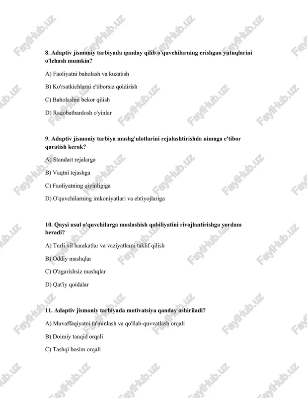 bermaslik b) sog'lom turmush tarzi haqida ma'lumot berish c) faqat mashqlar qilish d) dietani e'tiborsiz qoldirish 20. qaysi usul o'quvchilarga maqsad qo'yish va unga erishishni o'rgatadi? a) rejani bekor qilish b) oson maqsadlar qo'yish c) maqsadni e'tiborsiz qoldirish d) maqsad belgilash va rejalashtirish 21. adaptiv jismoniy tarbiyada qaysi usul o'quvchilarning xavfsizligini ta'minlaydi? a) xavfli mashqlarni bajarish b) xavfsizlik qoidalariga rioya qilish c) qoidalarni e'tiborsiz qoldirish d) nazoratsiz mashq qilish 22. adaptiv jismoniy tarbiyada qaysi usul o'quvchilarning ijodiy qobiliyatlarini rivojlantiradi? a) ijodiy harakatlar va o'yinlar b) qat'iy qoidalar bilan mashqlar c) standart vazifalar d) takroriy mashqlar 23. adaptiv jismoniy tarbiya mashg'ulotlarida qaysi usul jamoaviy aloqalarni mustahkamlaydi? a) hamkorlikdagi faoliyatlar va o'yinlar b) individual mashqlar c) raqobatbardosh mashg'ulotlar d) mustaqil topshiriqlar 24. adaptiv jismoniy tarbiyada qaysi usul o'quvchilarning jismoniy imkoniyatlarini oshiradi? a) kuchaytirilgan mashqlar b) uzoq mashg'ulotlar c) qiyin mashqlar d) moslashtirilgan mashqlar va faoliyatlar 25. adaptiv jismoniy tarbiyada qaysi usul o'quvchilarning …